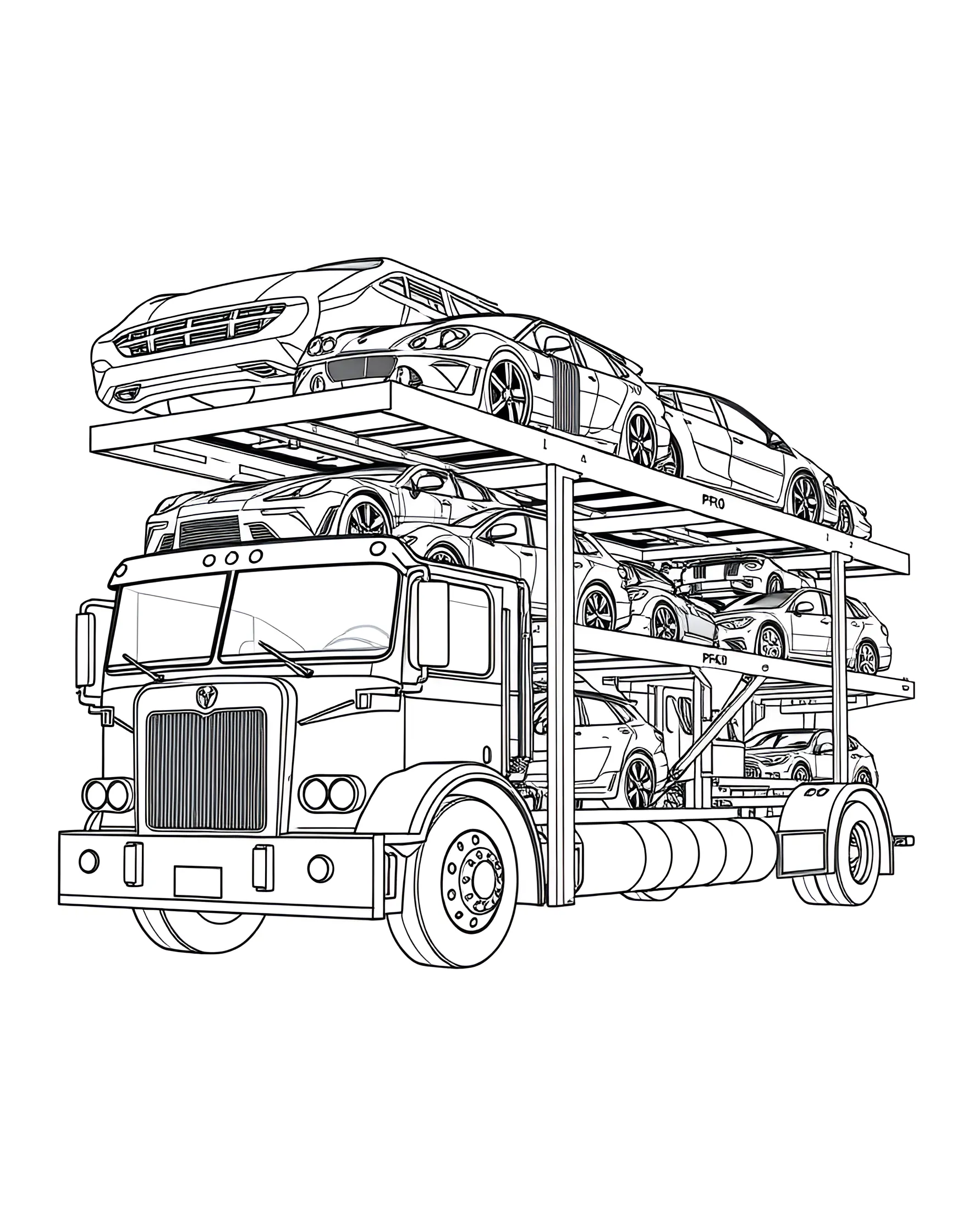 Car Carrier Truck Coloring Page -- prompt: "A car carrier truck fully loaded with different types of vehicles." -- It's a truck carrying... more vehicles! This Car Carrier Truck coloring page showcases a massive transporter loaded with various cars and trucks. Kids can have fun coloring each vehicle differently, creating a rainbow of automotive delight. This page is perfect for discussing different types of cars and the logistics of vehicle transportation.