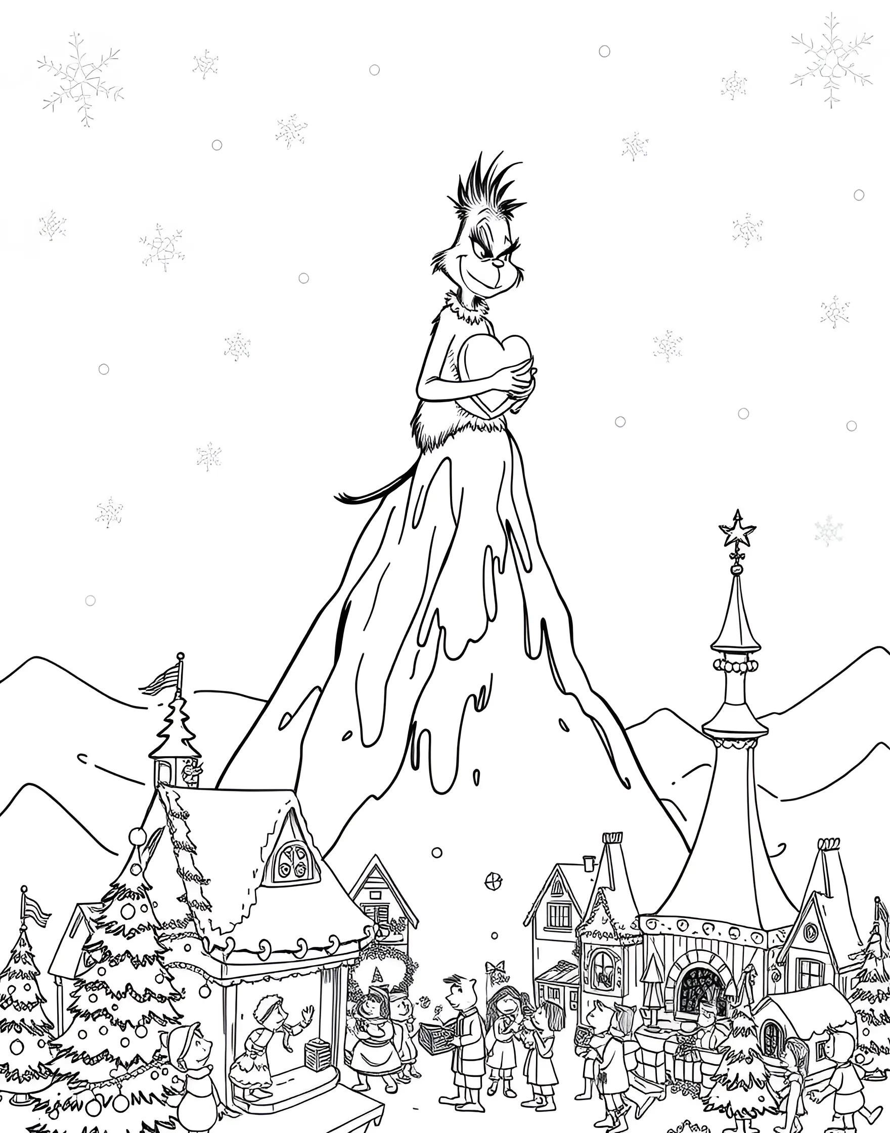 Grinch's Heart-Growing Moment Coloring Page -- prompt: "The Grinch on Mt. Crumpit with his heart growing as he watches the Whos celebrate Christmas." -- Capture the heartwarming transformation of the Grinch in this touching coloring page. The Grinch stands atop Mt. Crumpit, his heart visibly growing as he watches the Whos join hands and sing. His dog Max looks on with joy.