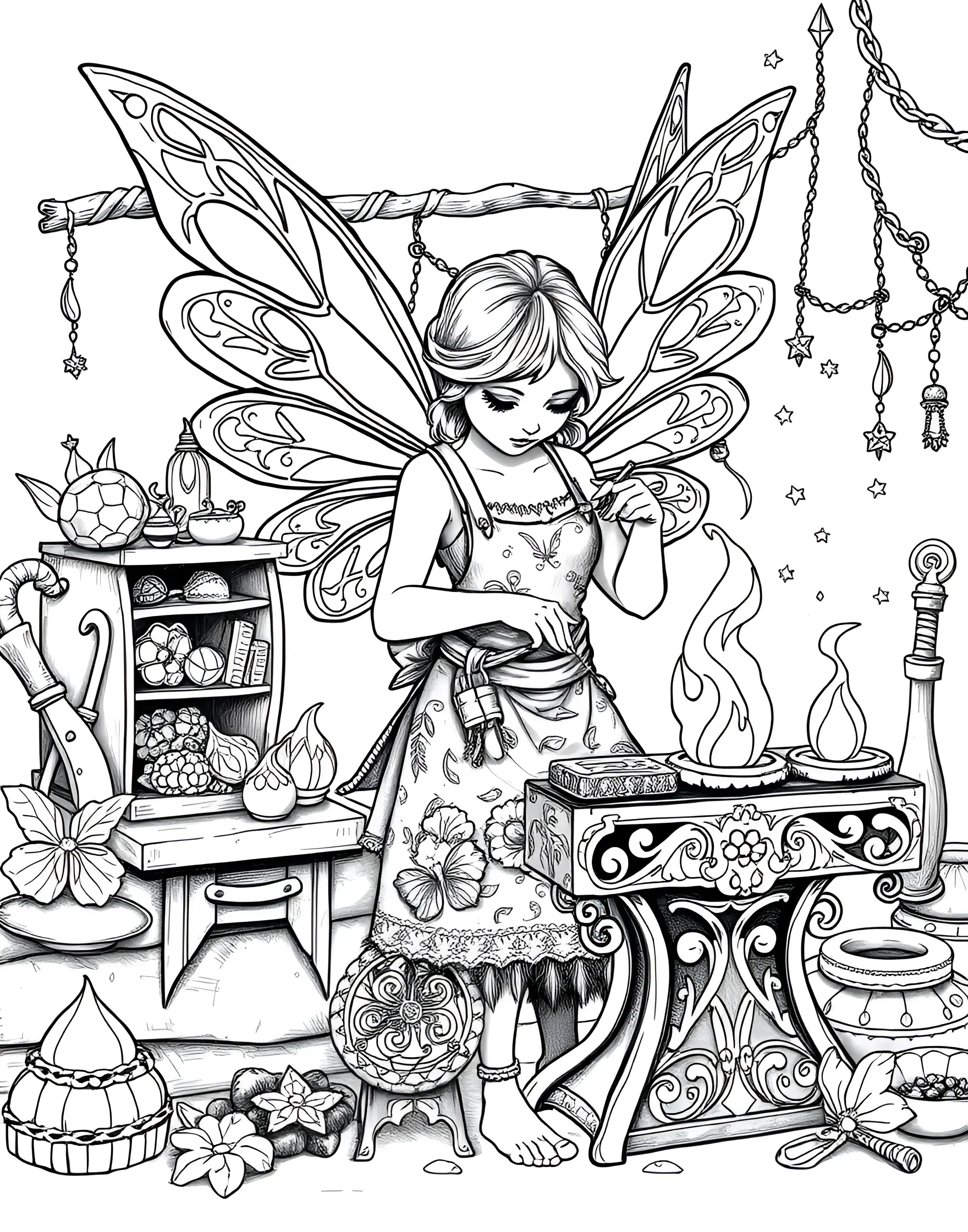 Fairy Blacksmith Forging Magical Tools Coloring Page -- prompt: "A fairy blacksmith wearing a leather apron, working at a tiny anvil in a workshop filled with magical tools and glowing embers." -- Discover the unique world of fairy craftsmanship with this coloring page featuring a fairy blacksmith at work. The fairy, wearing a leather apron, hammers away at a tiny anvil, creating miniature magical tools. The workshop is filled with interesting details like glowing embers and shelves of enchanted items.