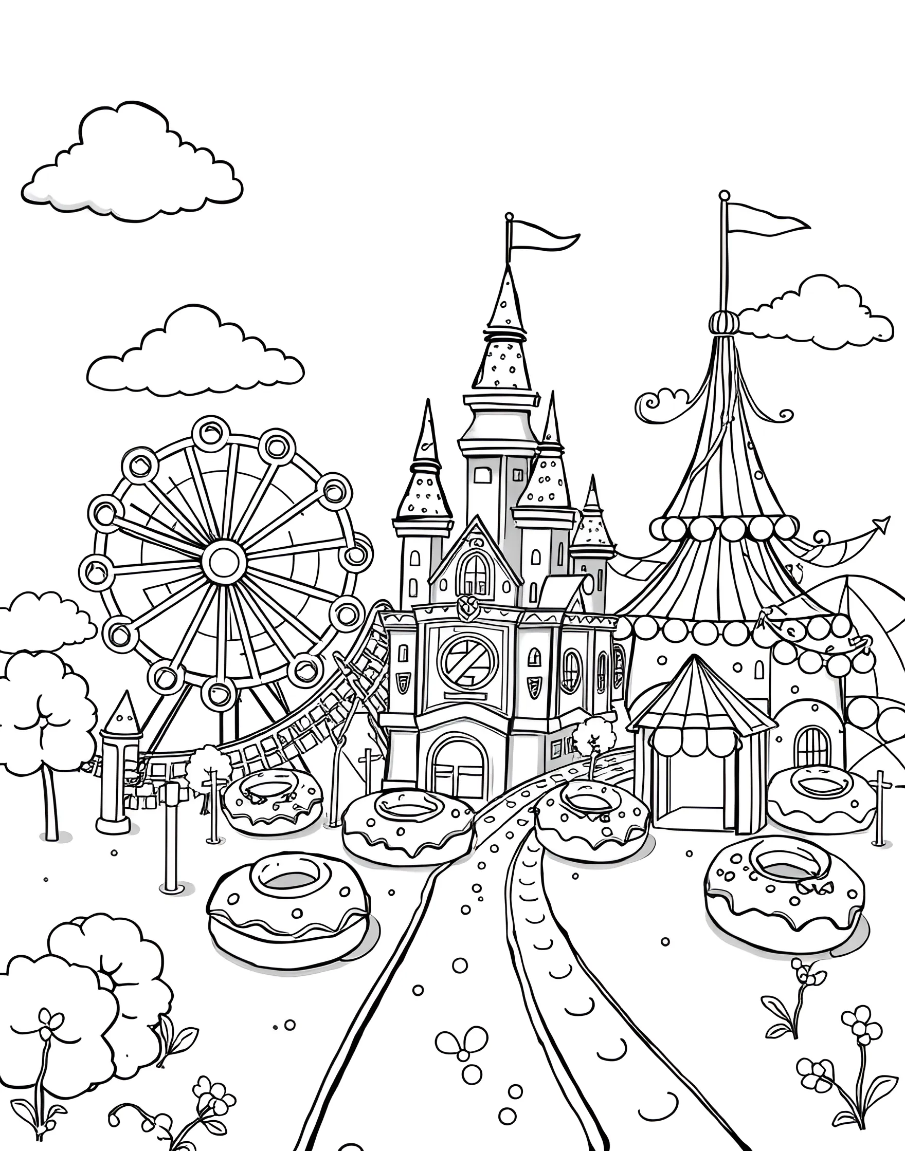 Donut Amusement Park Coloring Page -- prompt: "An amusement park with rides and attractions made entirely of donuts and pastry elements." -- Experience thrills and sweetness with this donut amusement park coloring page. Rides and attractions are cleverly designed using donut shapes and pastry elements. It's a fun-filled page that captures the excitement of theme parks with a delicious theme.