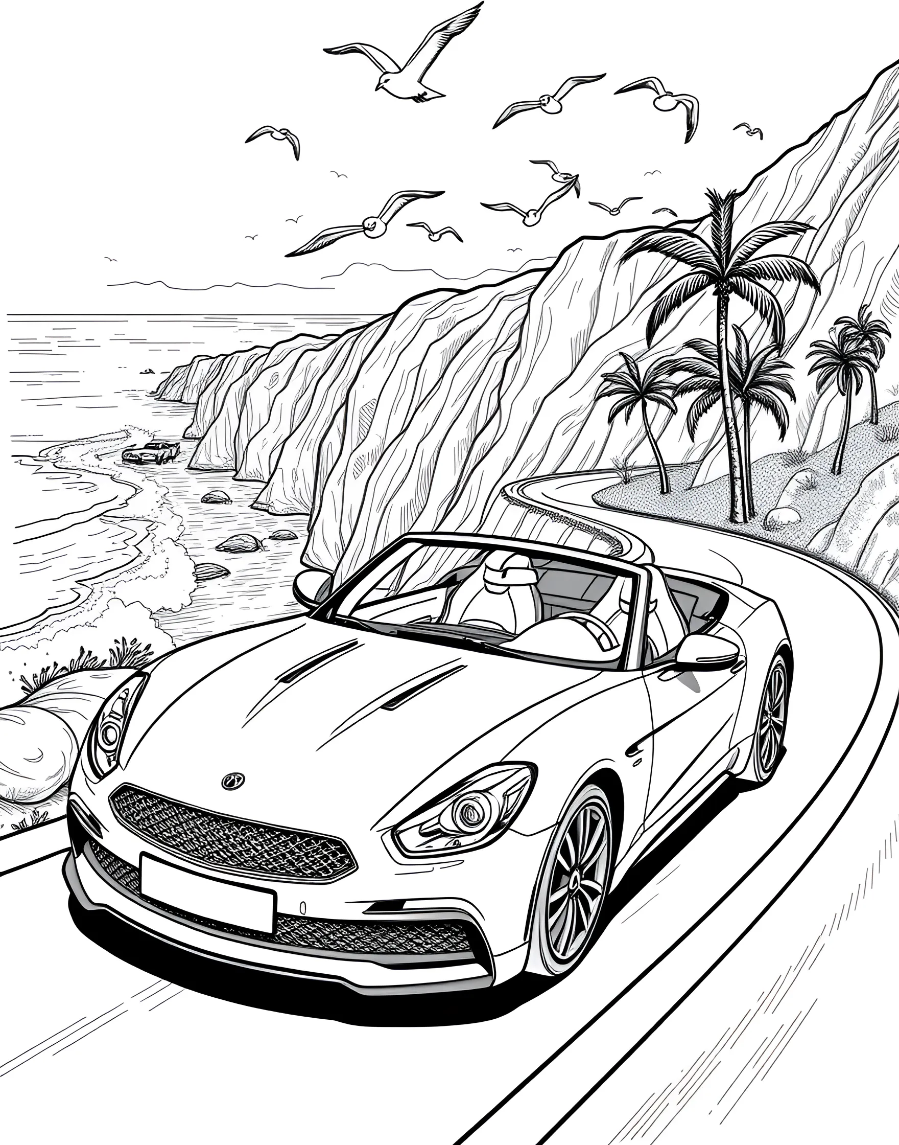 Sleek Sports Car on a Coastal Highway Coloring Page -- prompt: "A sports car driving on a winding coastal road with the ocean and cliffs visible." -- Feel the ocean breeze with this scenic coloring page showcasing a sleek sports car cruising along a coastal highway. The streamlined vehicle hugs the curves of the road, with crashing waves and rocky cliffs in the background. It's an ideal choice for those who dream of exhilarating drives along picturesque routes.