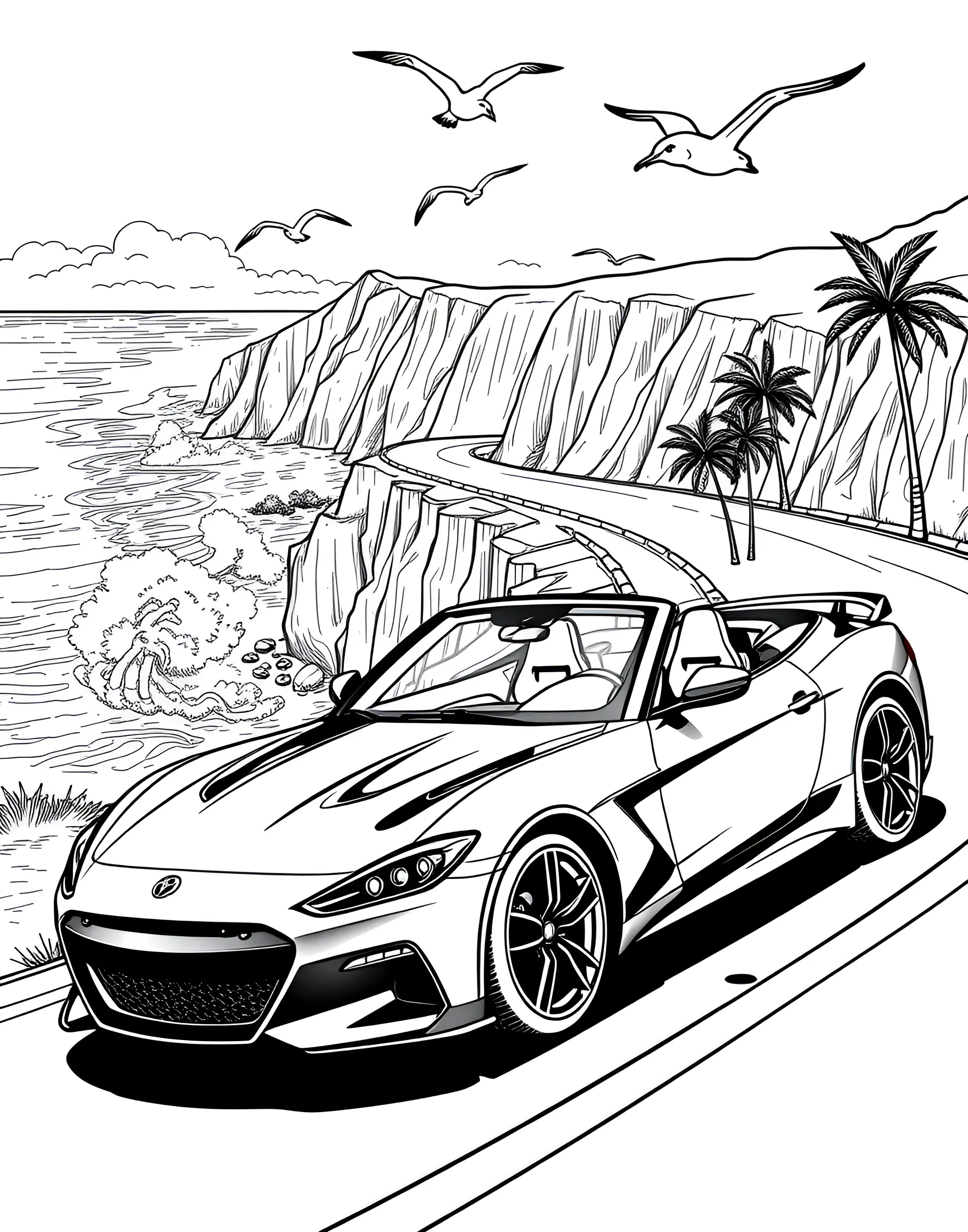 Sleek Sports Car on a Coastal Highway Coloring Page -- prompt: "A sports car driving on a winding coastal road with the ocean and cliffs visible." -- Feel the ocean breeze with this scenic coloring page showcasing a sleek sports car cruising along a coastal highway. The streamlined vehicle hugs the curves of the road, with crashing waves and rocky cliffs in the background. It's an ideal choice for those who dream of exhilarating drives along picturesque routes.