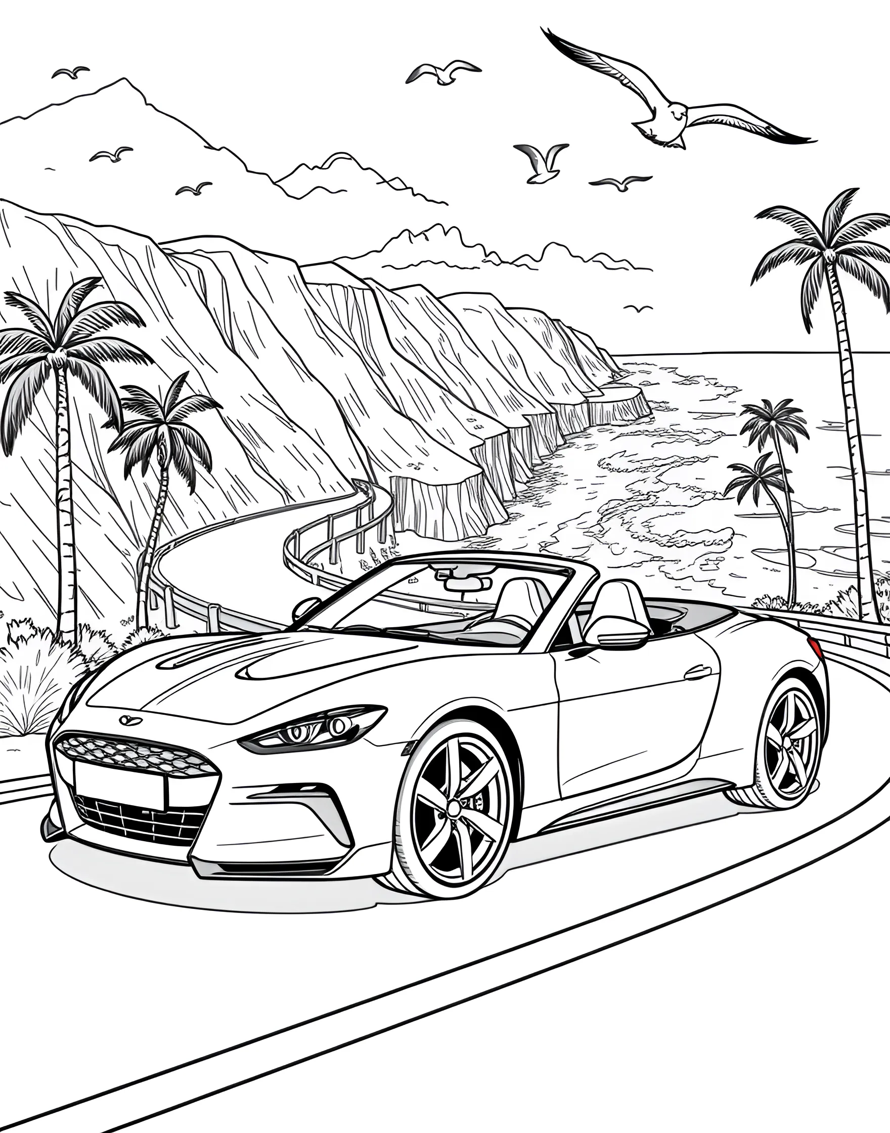 Sleek Sports Car on a Coastal Highway Coloring Page -- prompt: "A sports car driving on a winding coastal road with the ocean and cliffs visible." -- Feel the ocean breeze with this scenic coloring page showcasing a sleek sports car cruising along a coastal highway. The streamlined vehicle hugs the curves of the road, with crashing waves and rocky cliffs in the background. It's an ideal choice for those who dream of exhilarating drives along picturesque routes.