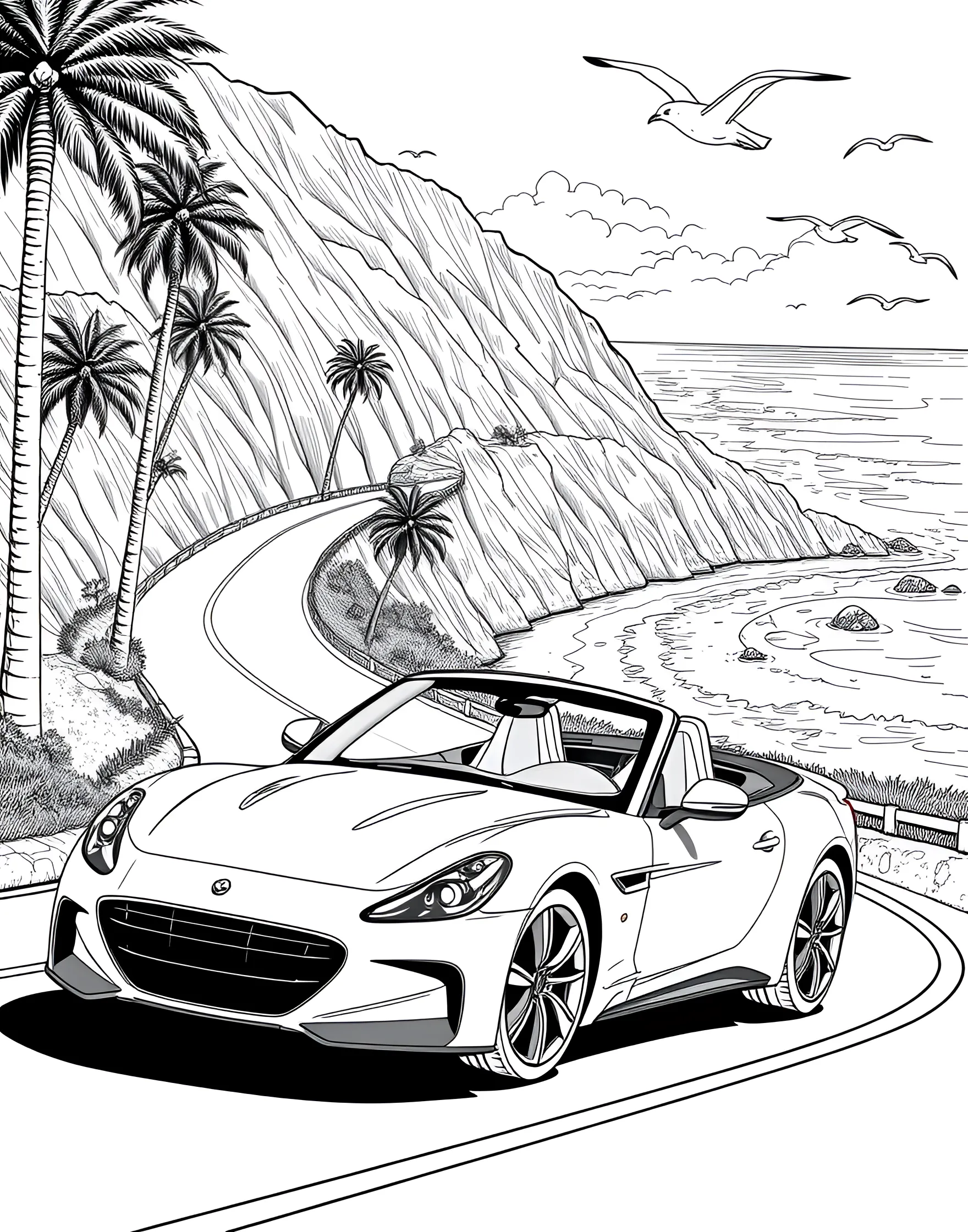 Sleek Sports Car on a Coastal Highway Coloring Page -- prompt: "A sports car driving on a winding coastal road with the ocean and cliffs visible." -- Feel the ocean breeze with this scenic coloring page showcasing a sleek sports car cruising along a coastal highway. The streamlined vehicle hugs the curves of the road, with crashing waves and rocky cliffs in the background. It's an ideal choice for those who dream of exhilarating drives along picturesque routes.