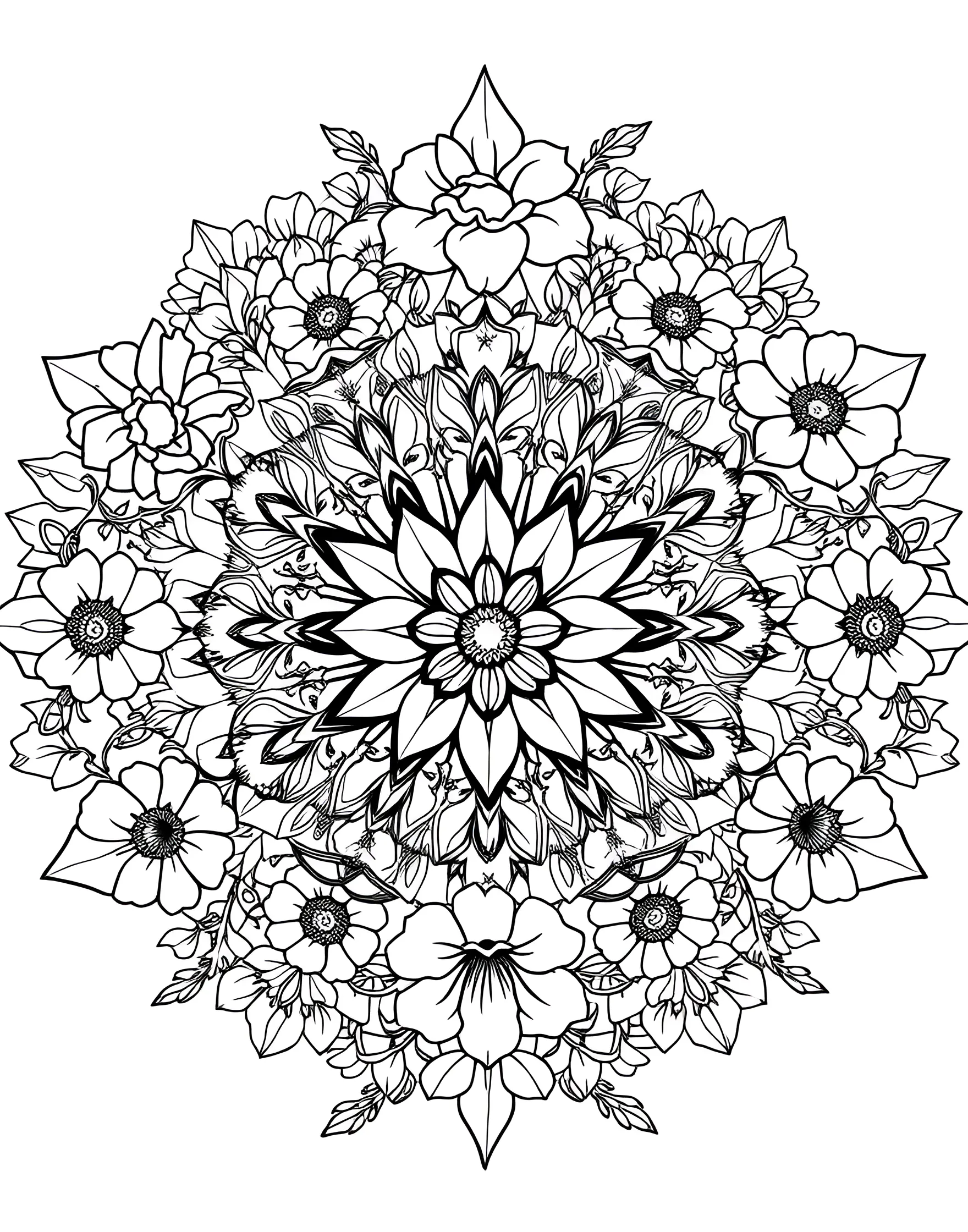 Floral Fiesta Mandala Coloring Page -- prompt: "A mandala composed entirely of various flower shapes and patterns, arranged in a circular, garden-like design." -- Celebrate the beauty of flowers with this blooming mandala. A variety of floral shapes and patterns create a lush, circular garden. From delicate petals to sturdy leaves, this page offers a range of textures to explore with your coloring techniques.