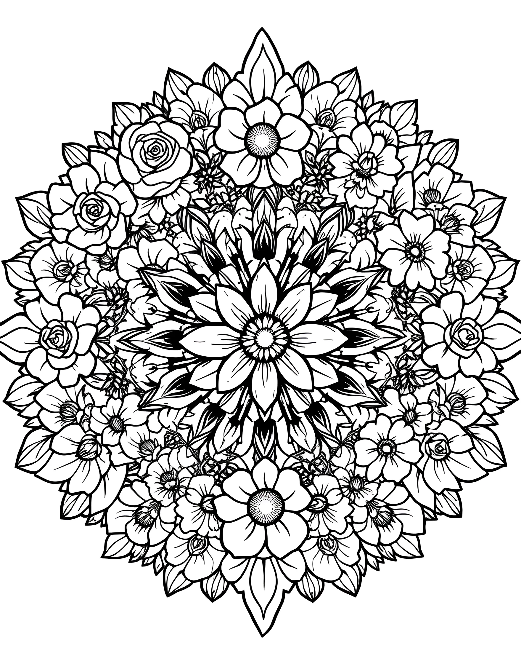 Floral Fiesta Mandala Coloring Page -- prompt: "A mandala composed entirely of various flower shapes and patterns, arranged in a circular, garden-like design." -- Celebrate the beauty of flowers with this blooming mandala. A variety of floral shapes and patterns create a lush, circular garden. From delicate petals to sturdy leaves, this page offers a range of textures to explore with your coloring techniques.