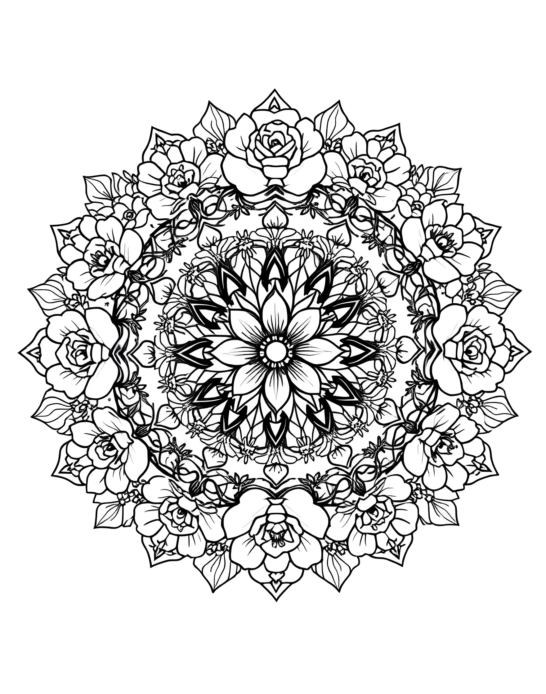 Floral Fiesta Mandala Coloring Page -- prompt: "A mandala composed entirely of various flower shapes and patterns, arranged in a circular, garden-like design." -- Celebrate the beauty of flowers with this blooming mandala. A variety of floral shapes and patterns create a lush, circular garden. From delicate petals to sturdy leaves, this page offers a range of textures to explore with your coloring techniques.