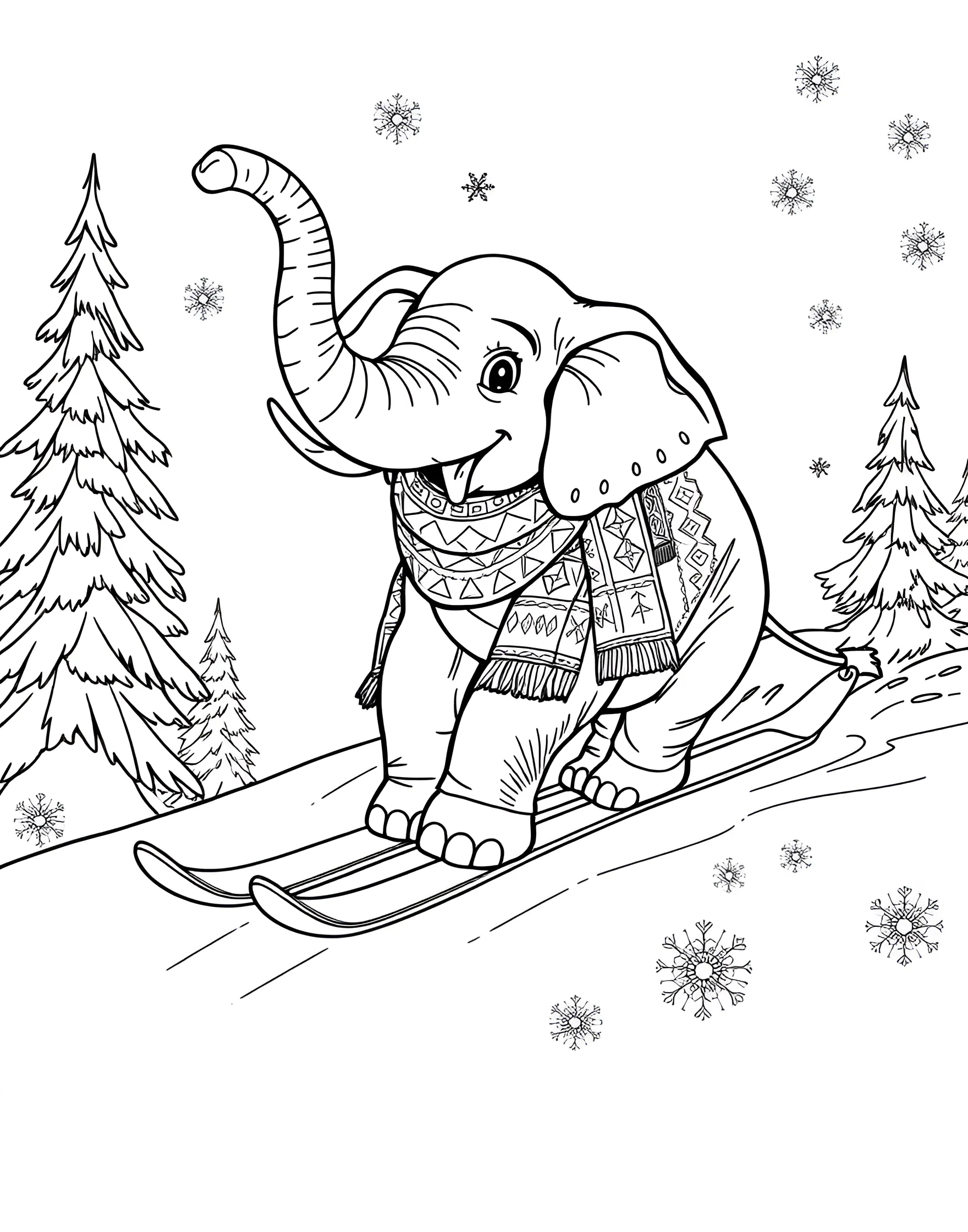 Elephant's Winter Wonderland Coloring Page -- prompt: "An elephant skiing in the snow, wearing a scarf, surrounded by snowflakes and pine trees." -- Bundle up for this wintry elephant adventure! The page depicts an elephant having a blast in the snow, wearing a scarf and using its trunk as a ski. Snowflakes, pine trees, and a distant log cabin complete this cozy winter scene.