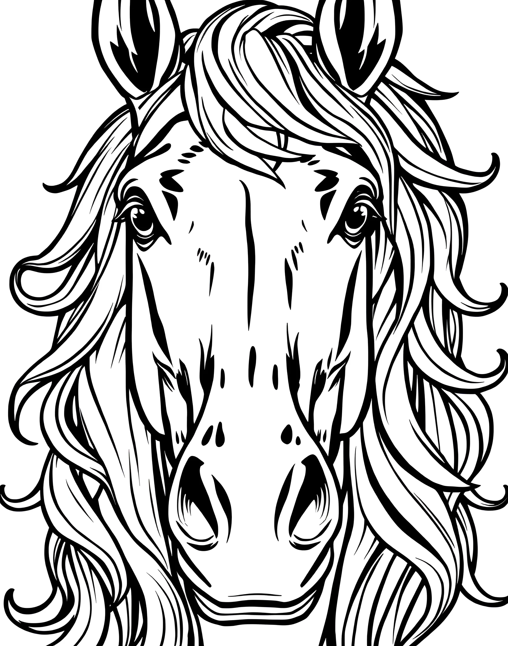 Horse Head Portrait Coloring Page -- prompt: "A close-up portrait of a horse's head with detailed eyes, nostrils, and flowing mane." -- Focus on the expressive features of a horse with this detailed head portrait coloring page. The horse's eyes, nostrils, and ears are beautifully rendered, capturing the animal's intelligence and sensitivity. Flowing mane adds movement to the portrait, creating a striking image for coloring.