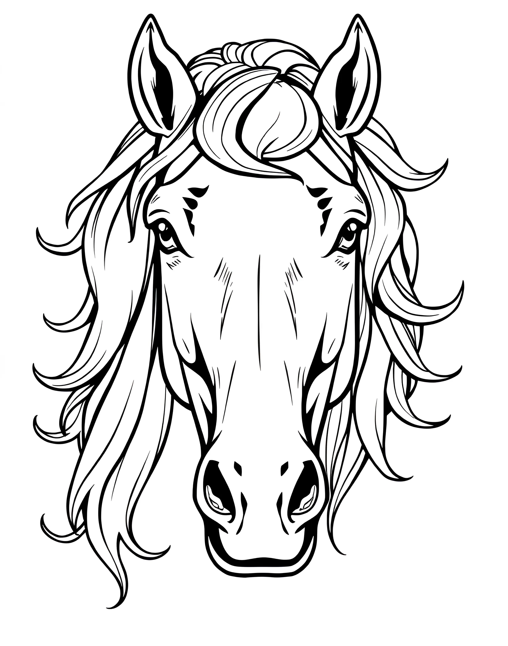 Horse Head Portrait Coloring Page -- prompt: "A close-up portrait of a horse's head with detailed eyes, nostrils, and flowing mane." -- Focus on the expressive features of a horse with this detailed head portrait coloring page. The horse's eyes, nostrils, and ears are beautifully rendered, capturing the animal's intelligence and sensitivity. Flowing mane adds movement to the portrait, creating a striking image for coloring.