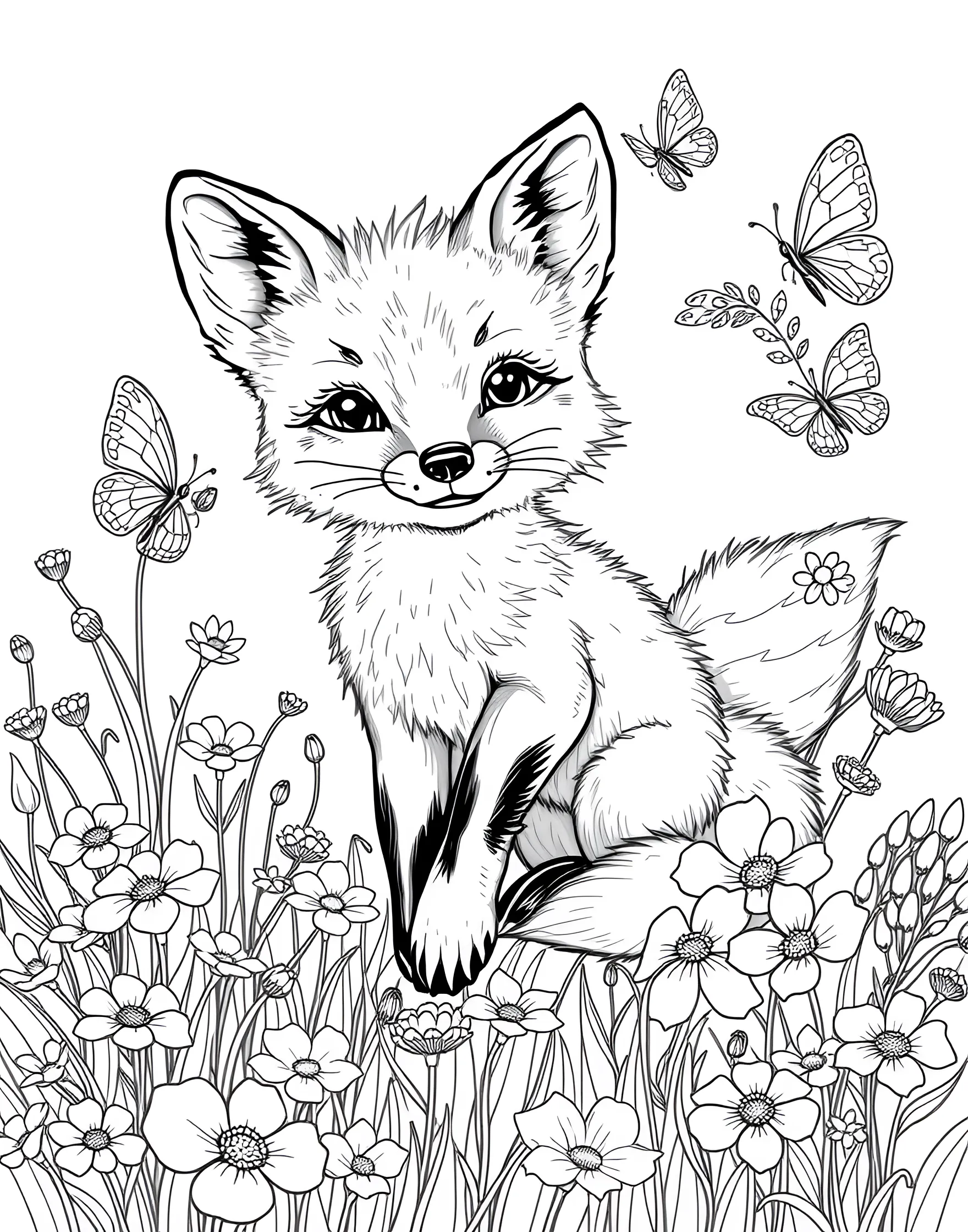 Playful Fox Kit Exploring a Meadow Coloring Page -- prompt: "A baby fox playing in a meadow with flowers and butterflies." -- Capture the innocence and curiosity of a young fox with this adorable coloring page. The fox kit is shown prancing through a lush meadow filled with wildflowers and butterflies. It's an excellent opportunity to use bright, cheerful colors to bring this spring scene to life.