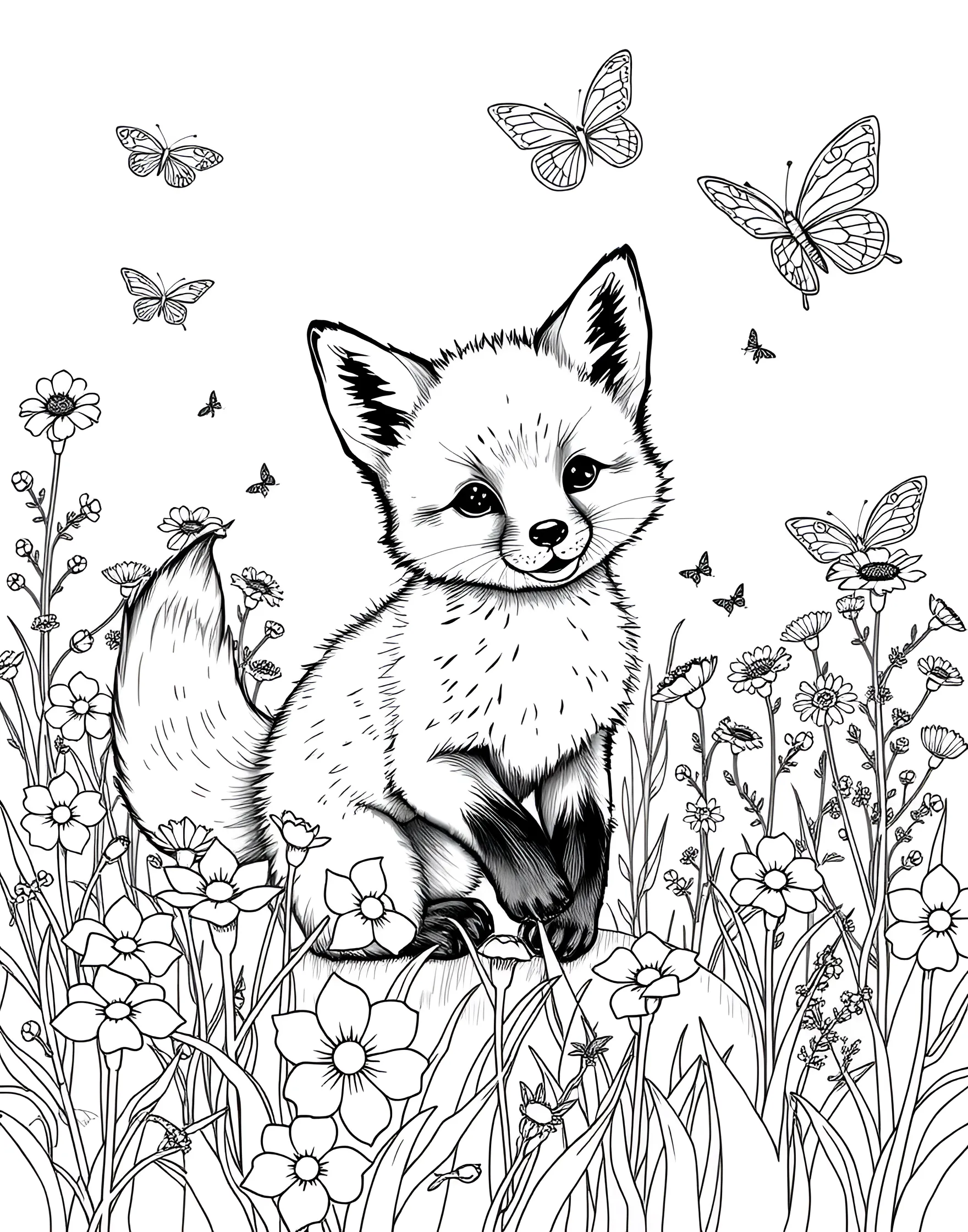 Playful Fox Kit Exploring a Meadow Coloring Page -- prompt: "A baby fox playing in a meadow with flowers and butterflies." -- Capture the innocence and curiosity of a young fox with this adorable coloring page. The fox kit is shown prancing through a lush meadow filled with wildflowers and butterflies. It's an excellent opportunity to use bright, cheerful colors to bring this spring scene to life.