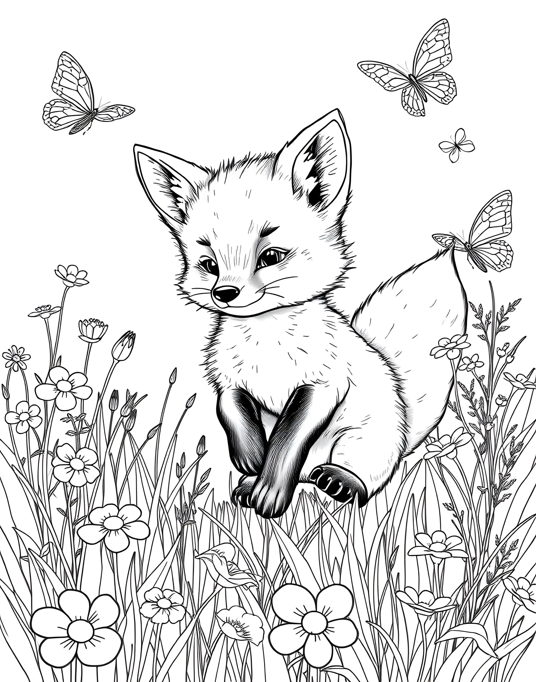 Playful Fox Kit Exploring a Meadow Coloring Page -- prompt: "A baby fox playing in a meadow with flowers and butterflies." -- Capture the innocence and curiosity of a young fox with this adorable coloring page. The fox kit is shown prancing through a lush meadow filled with wildflowers and butterflies. It's an excellent opportunity to use bright, cheerful colors to bring this spring scene to life.