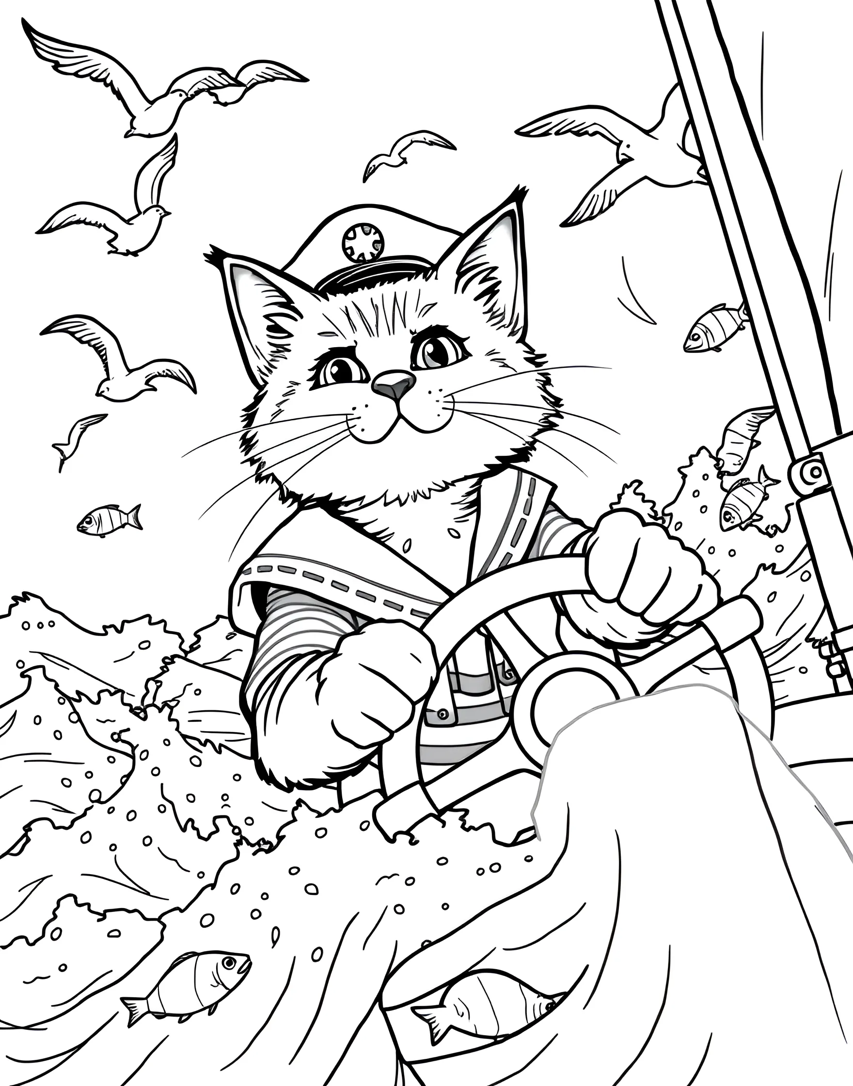 Cat Sailing a Boat Coloring Page -- prompt: "A cat standing at the helm of a small sailboat, wearing a captain's hat." -- This adventurous scene shows a cat captaining a small sailboat on the water. The cat's determined expression and the boat's billowing sail create a sense of maritime exploration. It's an excellent page for those who love cats and seaside themes.