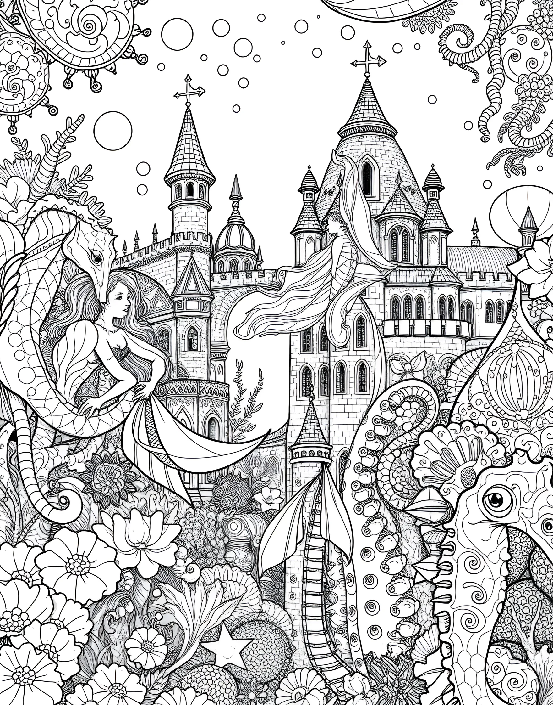 Underwater Mermaid Kingdom Coloring Page -- prompt: "An underwater scene featuring mermaids, sea creatures, and fantastical underwater structures." -- Dive into a mythical underwater world with this mermaid kingdom coloring page. The design showcases a bustling underwater city with merfolk, sea creatures, and ornate structures. As you color, bring this aquatic fantasy to life and imagine the stories unfolding beneath the waves.