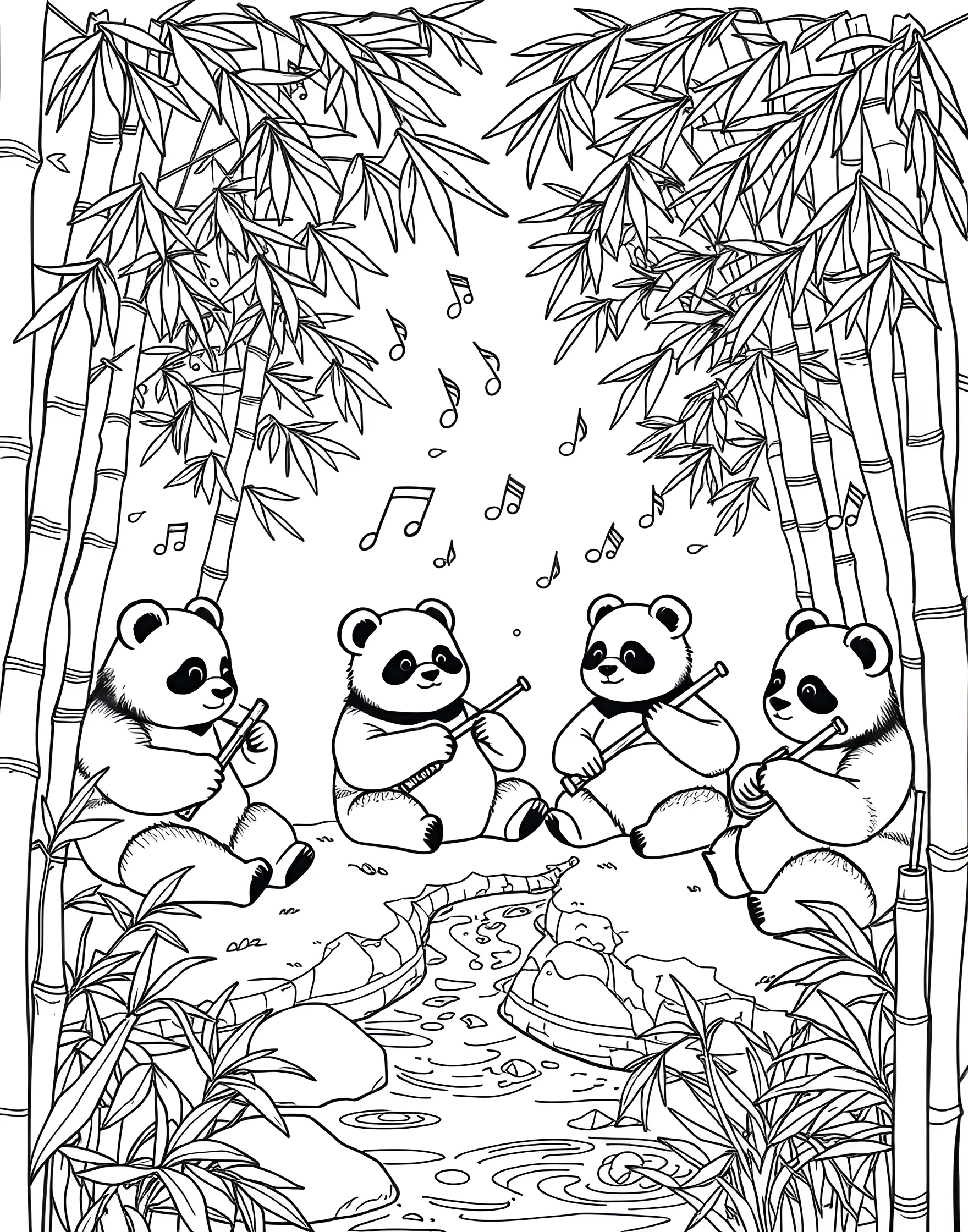 Panda's Bamboo Instrument Orchestra Coloring Page -- prompt: "A group of pandas playing bamboo instruments in a forest clearing with musical notes in the air." -- Celebrate the musical side of pandas with this lively coloring page. A group of pandas plays various instruments crafted from bamboo, including flutes, drums, and xylophones. Musical notes float through the air, emphasizing the joyful melody produced by this unique panda orchestra.