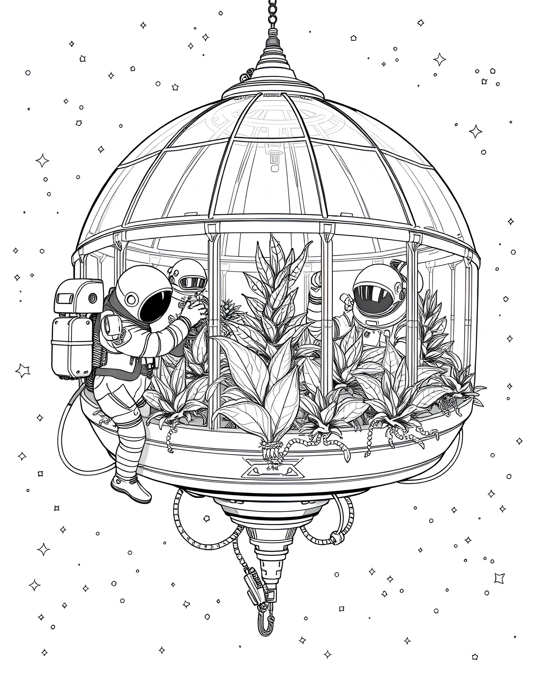 Space Farmer's Harvest Coloring Page -- prompt: "A large space greenhouse with astronauts and robots tending to rows of crops in a zero-gravity environment." -- Explore the future of agriculture with this space farmer's harvest coloring page. The scene shows a large space greenhouse filled with rows of crops, tended by astronaut farmers and robotic assistants. This page highlights the challenges and innovations required to grow food in space.