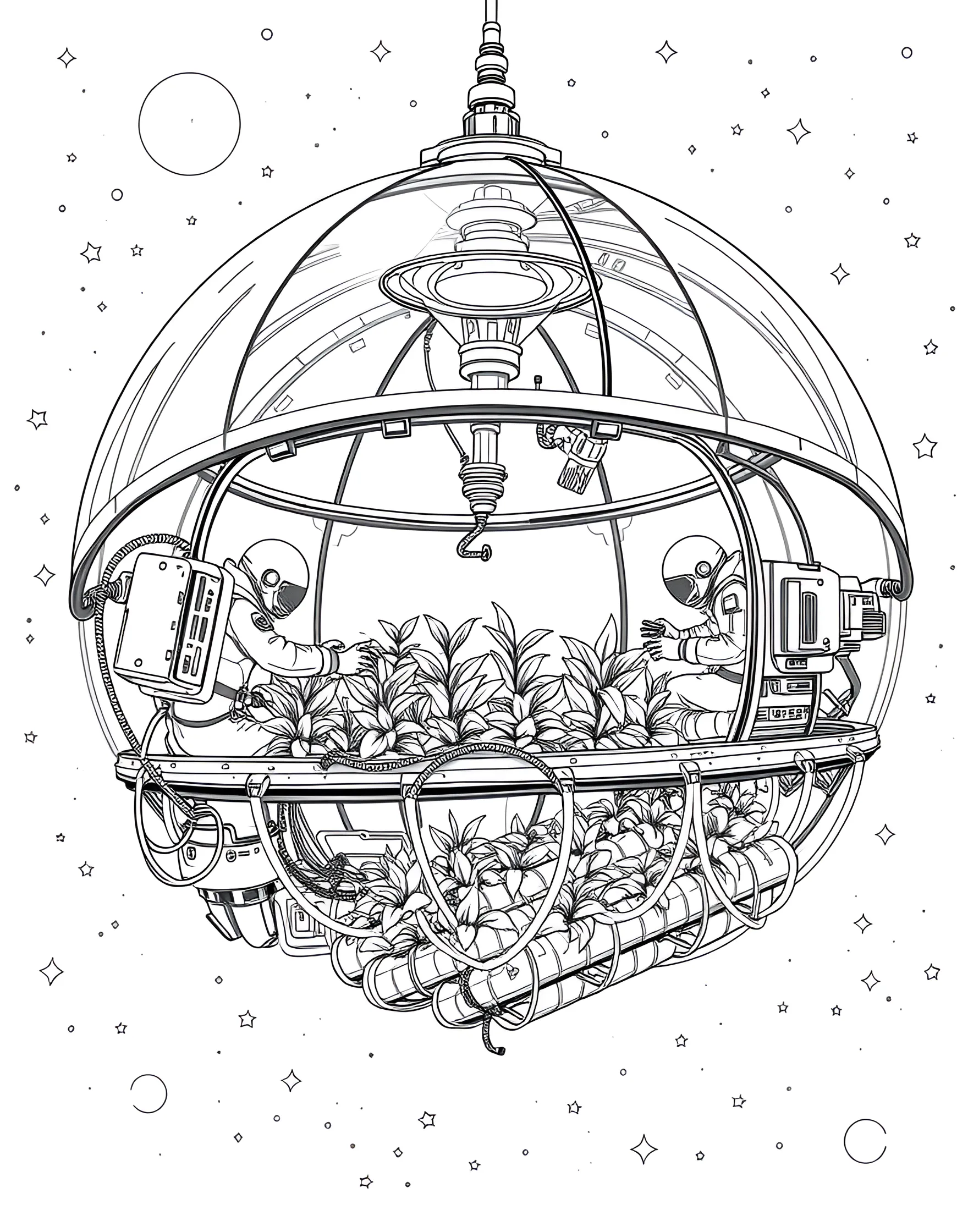 Space Farmer's Harvest Coloring Page -- prompt: "A large space greenhouse with astronauts and robots tending to rows of crops in a zero-gravity environment." -- Explore the future of agriculture with this space farmer's harvest coloring page. The scene shows a large space greenhouse filled with rows of crops, tended by astronaut farmers and robotic assistants. This page highlights the challenges and innovations required to grow food in space.