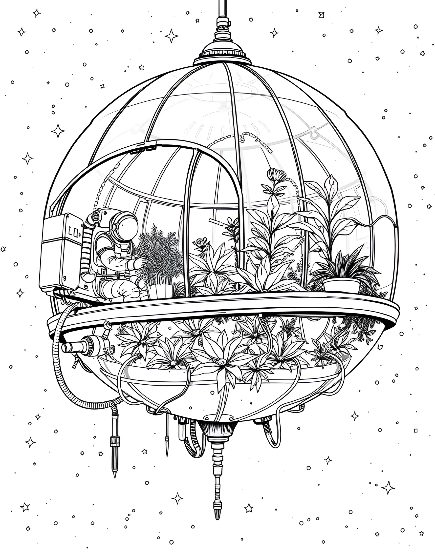 Space Farmer's Harvest Coloring Page -- prompt: "A large space greenhouse with astronauts and robots tending to rows of crops in a zero-gravity environment." -- Explore the future of agriculture with this space farmer's harvest coloring page. The scene shows a large space greenhouse filled with rows of crops, tended by astronaut farmers and robotic assistants. This page highlights the challenges and innovations required to grow food in space.