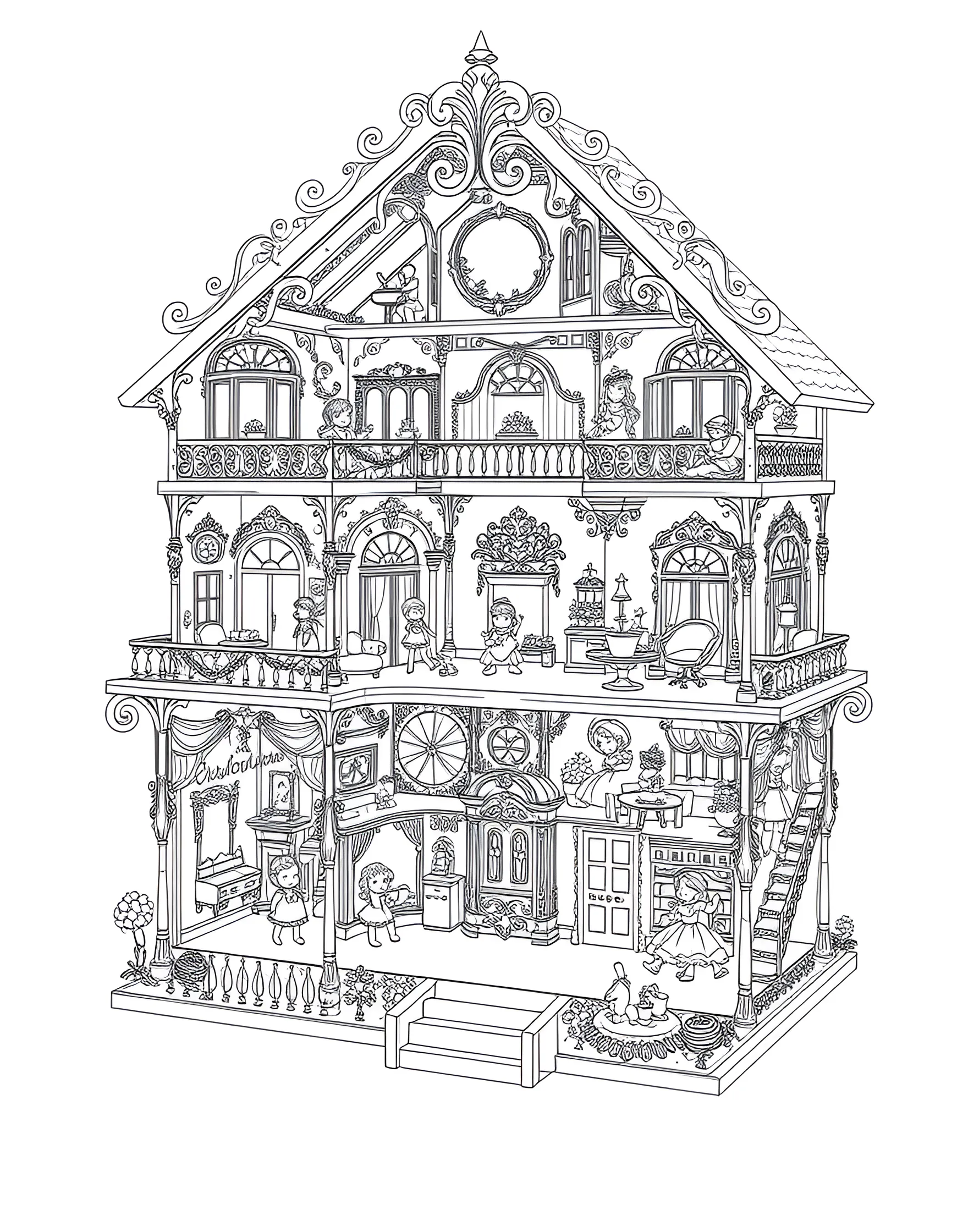 Magical Dollhouse Tea Party Coloring Page -- prompt: "A cross-section of a magical dollhouse with different rooms hosting tea parties and activities for dolls and toys." -- This charming coloring page invites girls into a magical dollhouse where a delightful tea party is taking place. Each room of the dollhouse reveals a different scene, from tiny dolls sipping tea in the parlor to stuffed animals having a picnic in the attic. This intricate page offers a wealth of details to color and explore, perfect for those who love miniature worlds.