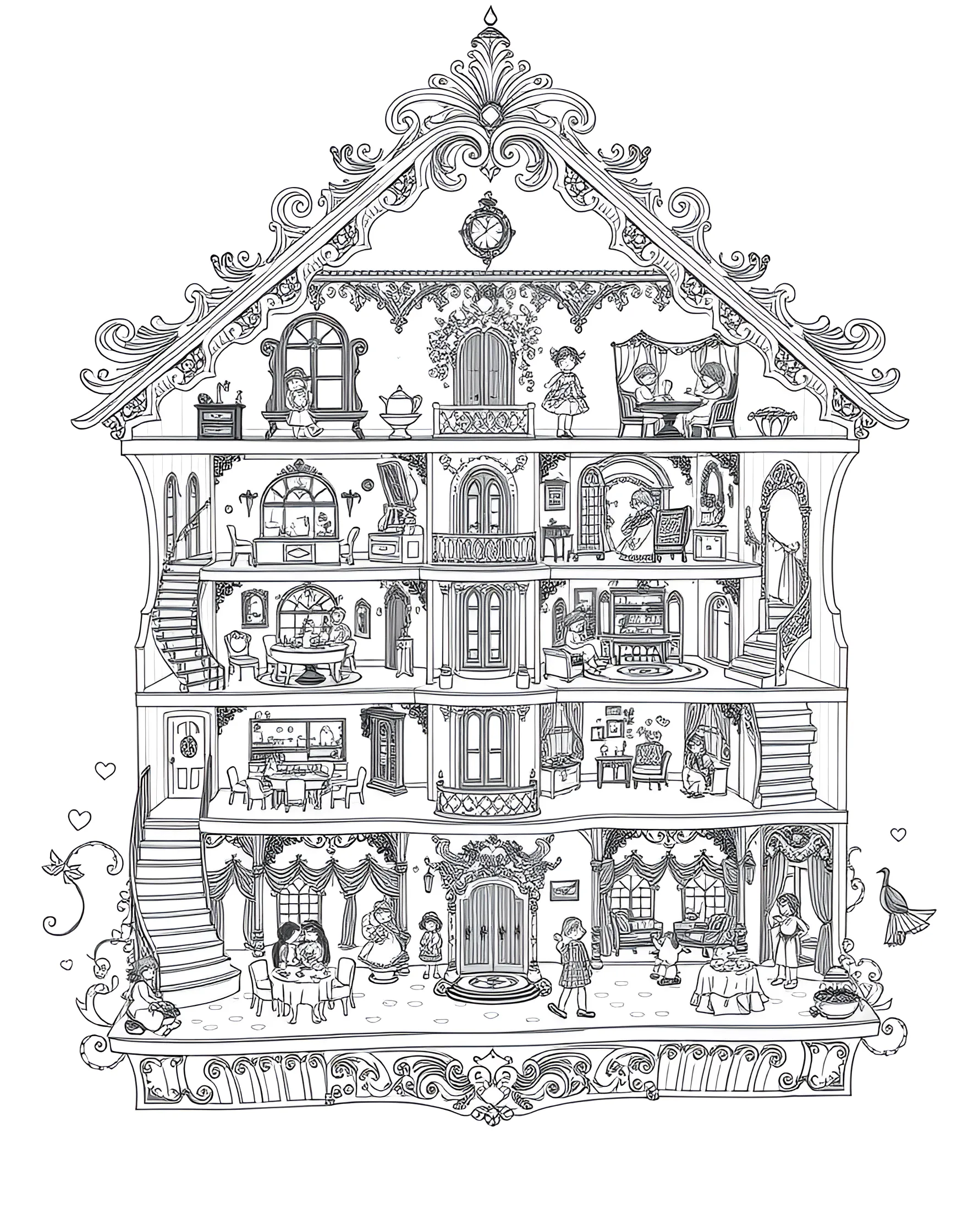 Magical Dollhouse Tea Party Coloring Page -- prompt: "A cross-section of a magical dollhouse with different rooms hosting tea parties and activities for dolls and toys." -- This charming coloring page invites girls into a magical dollhouse where a delightful tea party is taking place. Each room of the dollhouse reveals a different scene, from tiny dolls sipping tea in the parlor to stuffed animals having a picnic in the attic. This intricate page offers a wealth of details to color and explore, perfect for those who love miniature worlds.