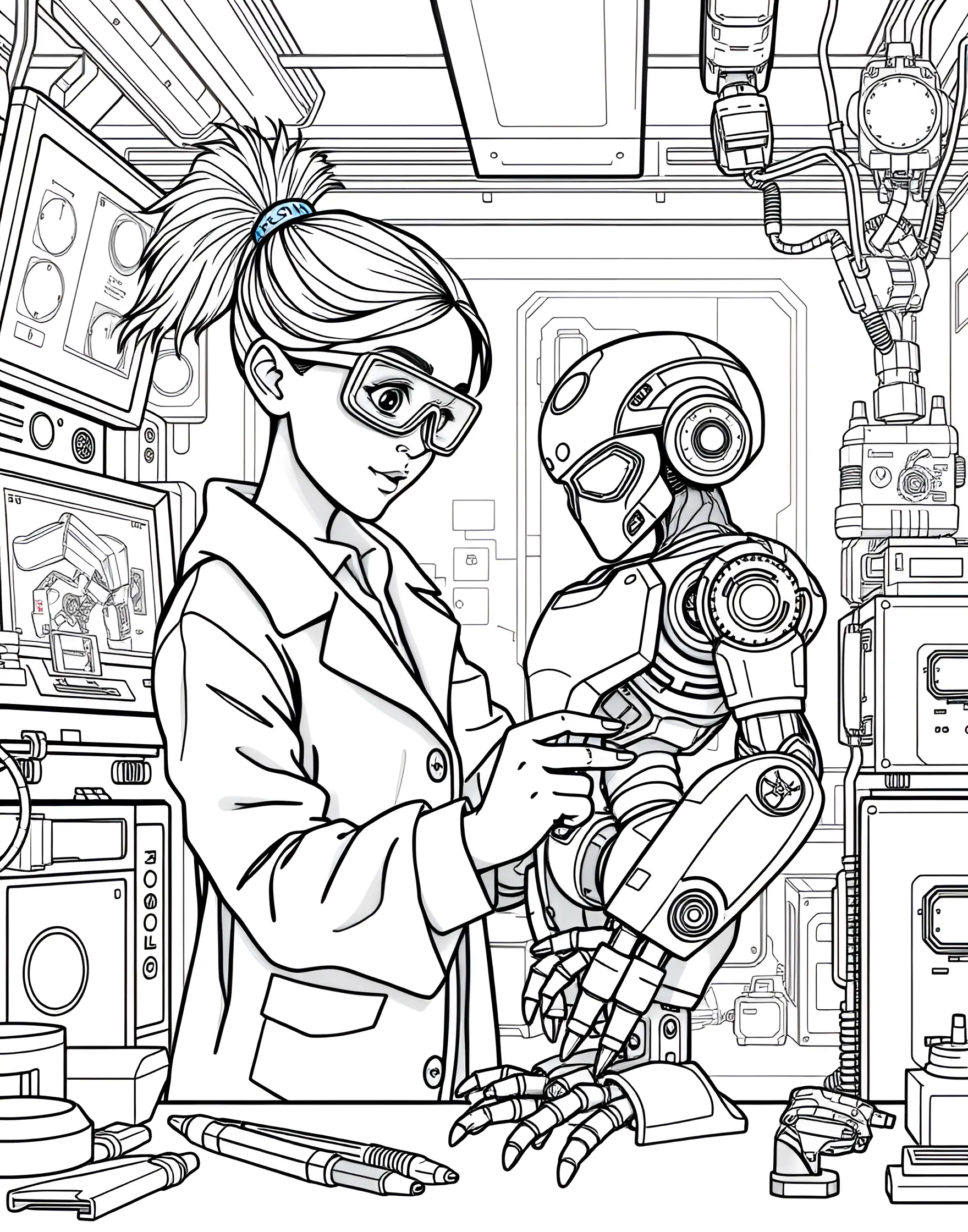 Robotics Engineer Girl Building a Robot Coloring Page -- prompt: "A girl building a robot in a workshop, surrounded by tools and computer screens." -- Celebrate innovation with this coloring page of a girl robotics engineer. She's shown assembling a robot, surrounded by tools and computer screens. This page inspires interest in robotics and engineering.