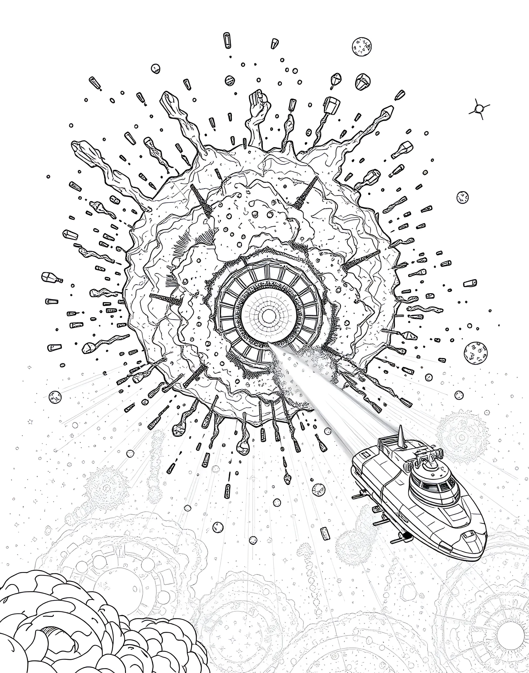 Supernova Observation Coloring Page -- prompt: "A massive star exploding into a supernova, with a research vessel observing from a safe distance." -- Witness the death of a star with this supernova observation coloring page. The brilliant explosion of a massive star is shown in stunning detail, with shockwaves and newly formed elements spreading into space. A research vessel at a safe distance records this cosmic spectacle, highlighting the awesome power of stellar evolution.