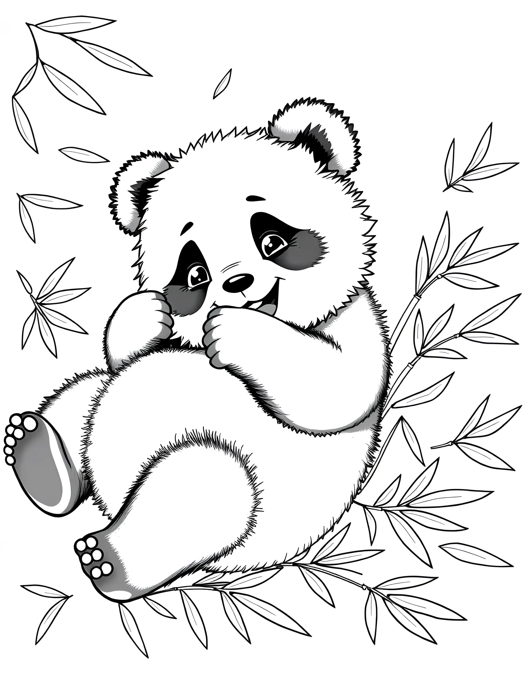 Playful Panda Cub Rolling Coloring Page -- prompt: "A panda cub rolling playfully on the ground with bamboo leaves around it." -- This adorable coloring page features a mischievous panda cub caught mid-roll. The cub's round body and stubby limbs are positioned in a playful tumble, with a happy expression on its face. Surrounding the cub are tufts of grass and scattered bamboo leaves, adding to the sense of outdoor fun.