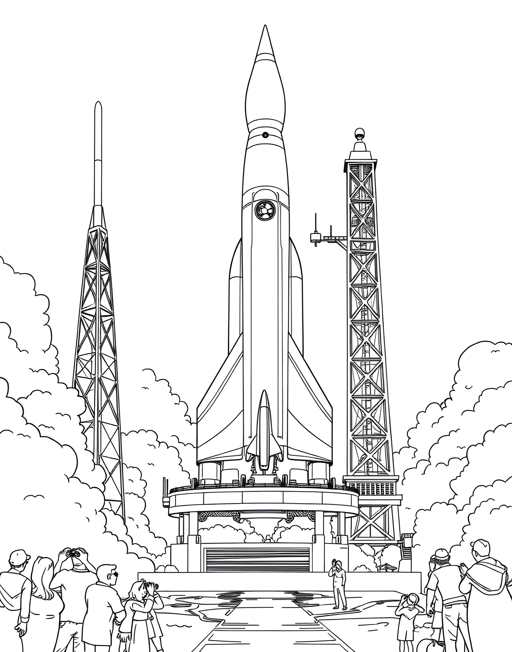 Rocket Launch Excitement Coloring Page -- prompt: "A large rocket launching from a pad with flames and smoke, surrounded by mission control buildings and excited onlookers." -- Feel the excitement of a rocket launch with this dynamic coloring page. The powerful spacecraft is shown blasting off from its launch pad, flames and smoke billowing beneath it. In the background, you can see mission control and spectators watching in awe, making this page come alive with energy and anticipation.