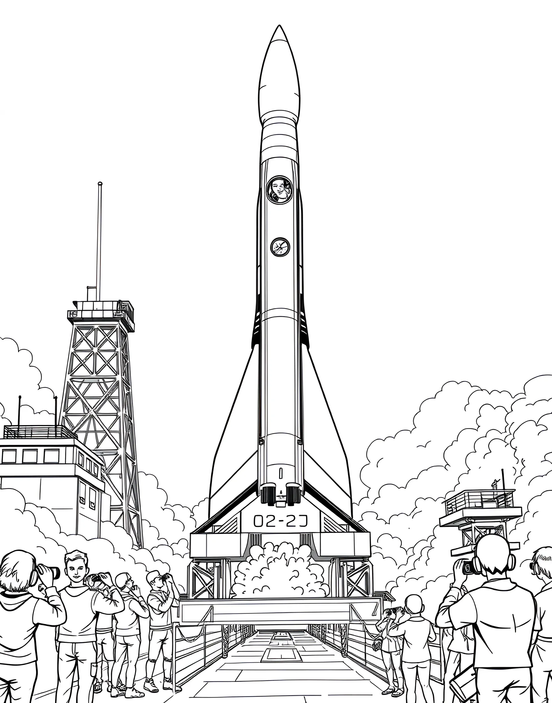 Rocket Launch Excitement Coloring Page -- prompt: "A large rocket launching from a pad with flames and smoke, surrounded by mission control buildings and excited onlookers." -- Feel the excitement of a rocket launch with this dynamic coloring page. The powerful spacecraft is shown blasting off from its launch pad, flames and smoke billowing beneath it. In the background, you can see mission control and spectators watching in awe, making this page come alive with energy and anticipation.