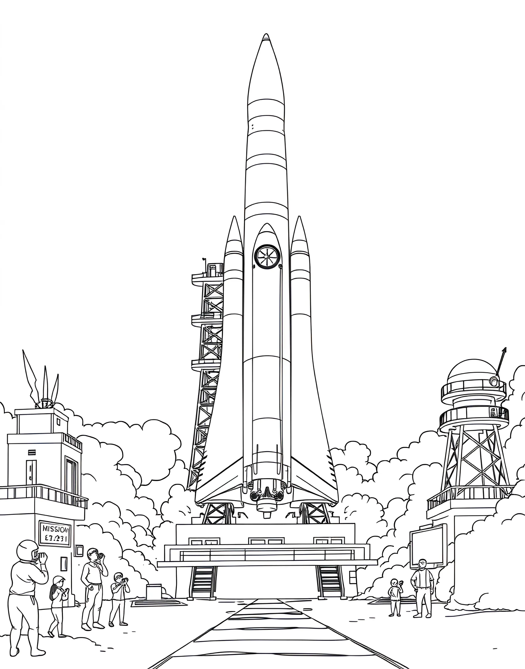 Rocket Launch Excitement Coloring Page -- prompt: "A large rocket launching from a pad with flames and smoke, surrounded by mission control buildings and excited onlookers." -- Feel the excitement of a rocket launch with this dynamic coloring page. The powerful spacecraft is shown blasting off from its launch pad, flames and smoke billowing beneath it. In the background, you can see mission control and spectators watching in awe, making this page come alive with energy and anticipation.