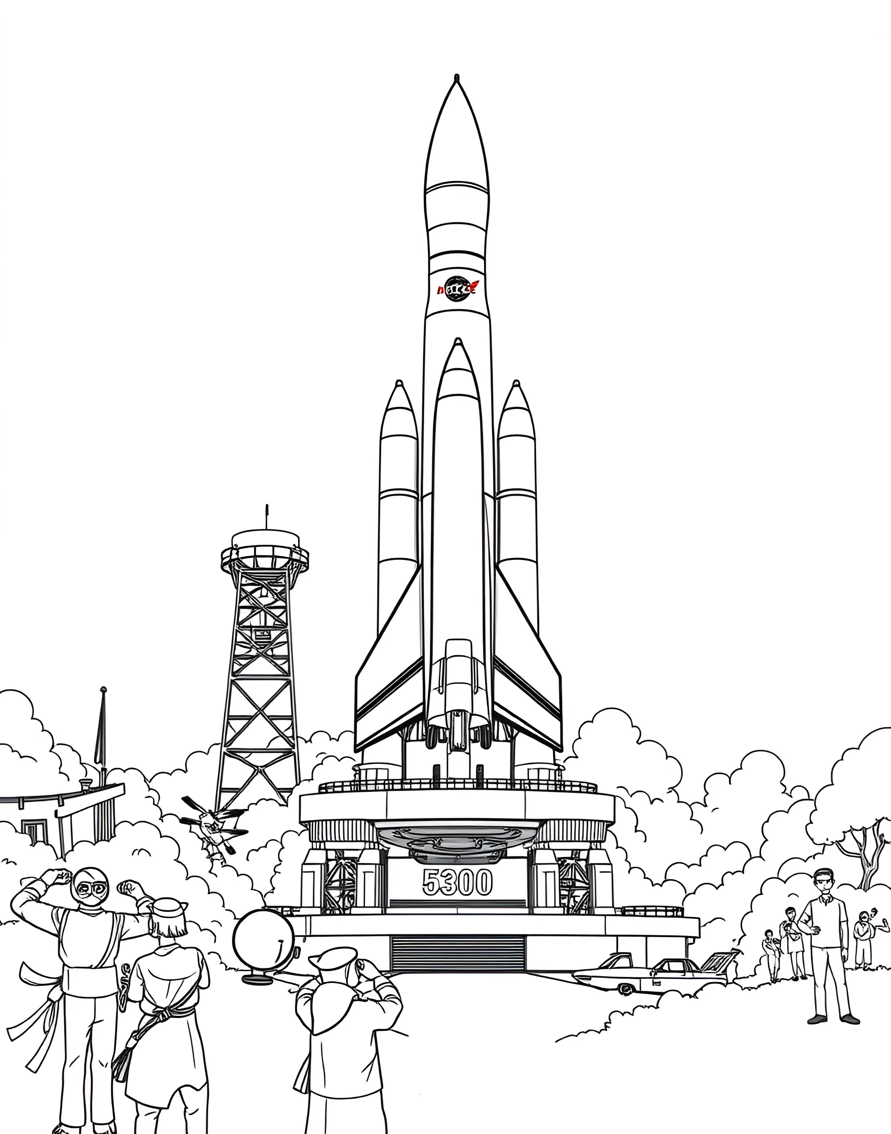 Rocket Launch Excitement Coloring Page -- prompt: "A large rocket launching from a pad with flames and smoke, surrounded by mission control buildings and excited onlookers." -- Feel the excitement of a rocket launch with this dynamic coloring page. The powerful spacecraft is shown blasting off from its launch pad, flames and smoke billowing beneath it. In the background, you can see mission control and spectators watching in awe, making this page come alive with energy and anticipation.