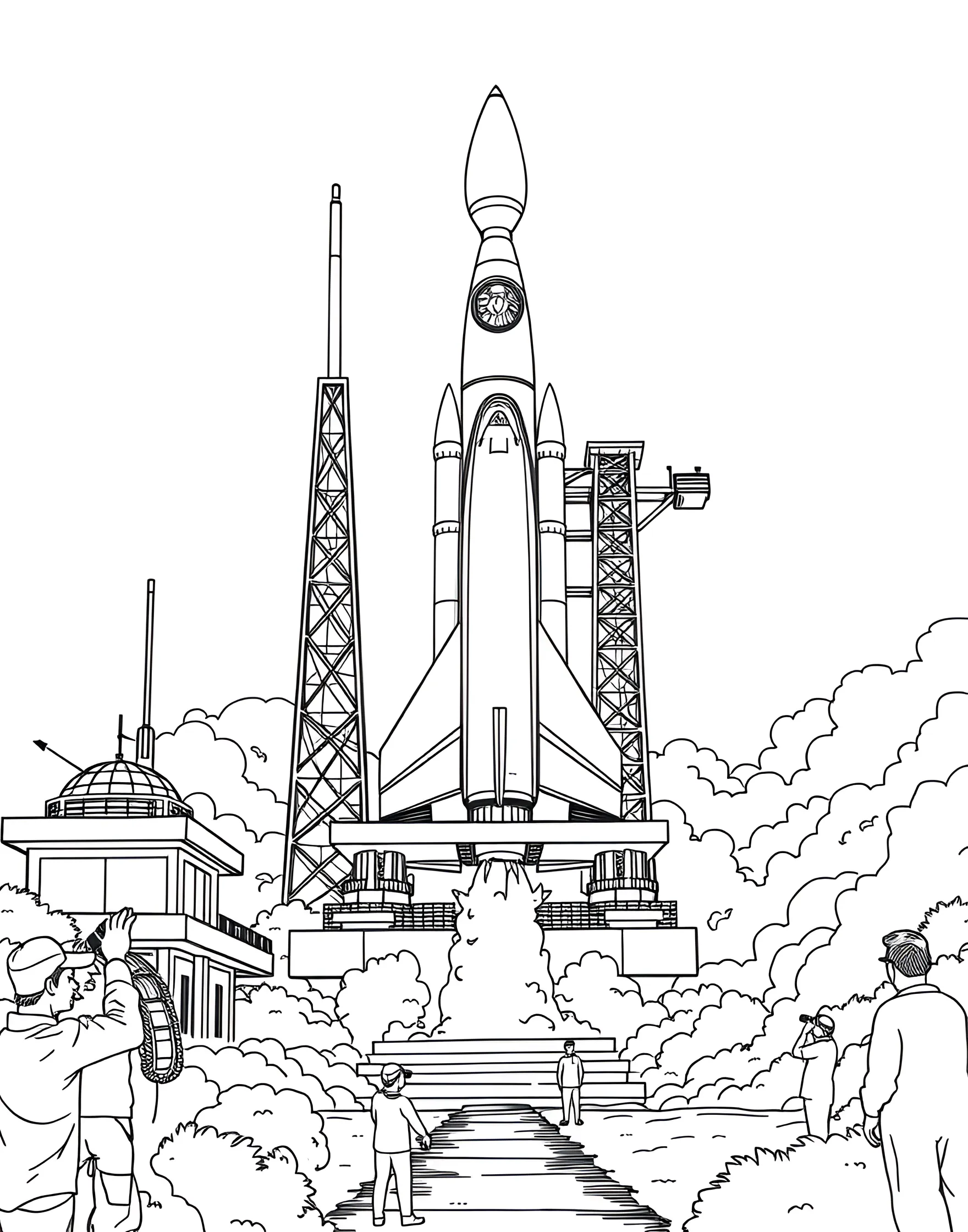 Rocket Launch Excitement Coloring Page -- prompt: "A large rocket launching from a pad with flames and smoke, surrounded by mission control buildings and excited onlookers." -- Feel the excitement of a rocket launch with this dynamic coloring page. The powerful spacecraft is shown blasting off from its launch pad, flames and smoke billowing beneath it. In the background, you can see mission control and spectators watching in awe, making this page come alive with energy and anticipation.