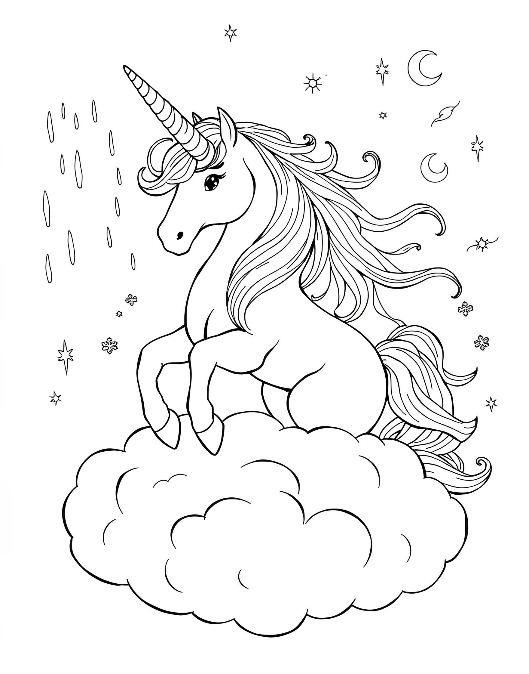 Unicorn Weather Wizard Coloring Page -- prompt: "A unicorn standing on a cloud, using its glowing horn to control different weather elements like rain, sun, wind, and snow." -- Control the elements with this powerful coloring page of a unicorn weather wizard. The unicorn stands atop a cloud, its horn glowing as it summons rain, sun, wind, and snow. This page is ideal for those who love dynamic scenes and elemental themes.