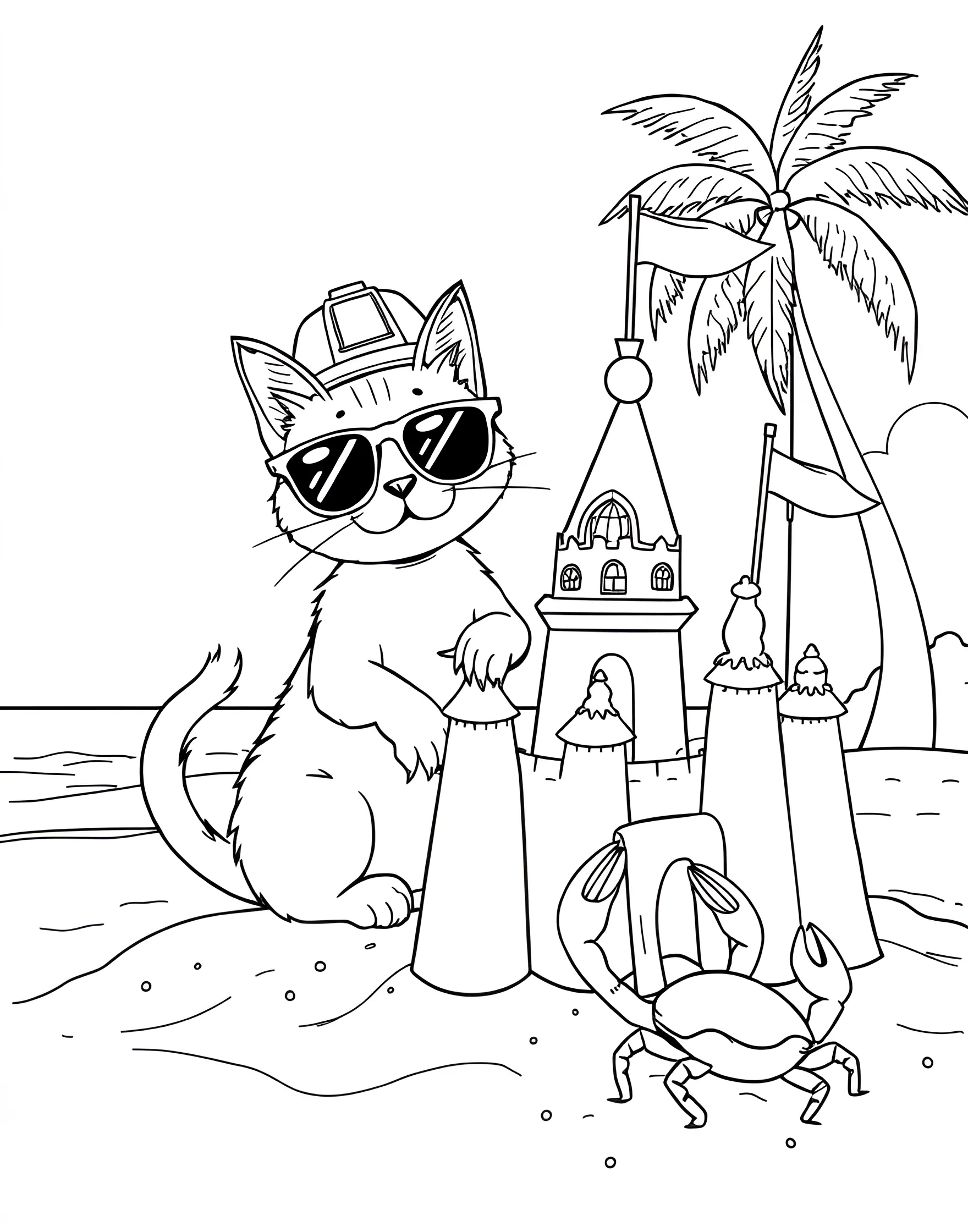 Cat Building a Sandcastle Coloring Page -- prompt: "A cat on a beach, using its paws to build a large sandcastle." -- This beach-themed coloring page depicts a cat constructing a sandcastle. The cat's determined expression and the detailed sandcastle create a fun summer scene. It's perfect for those who love combining cats with seaside activities.