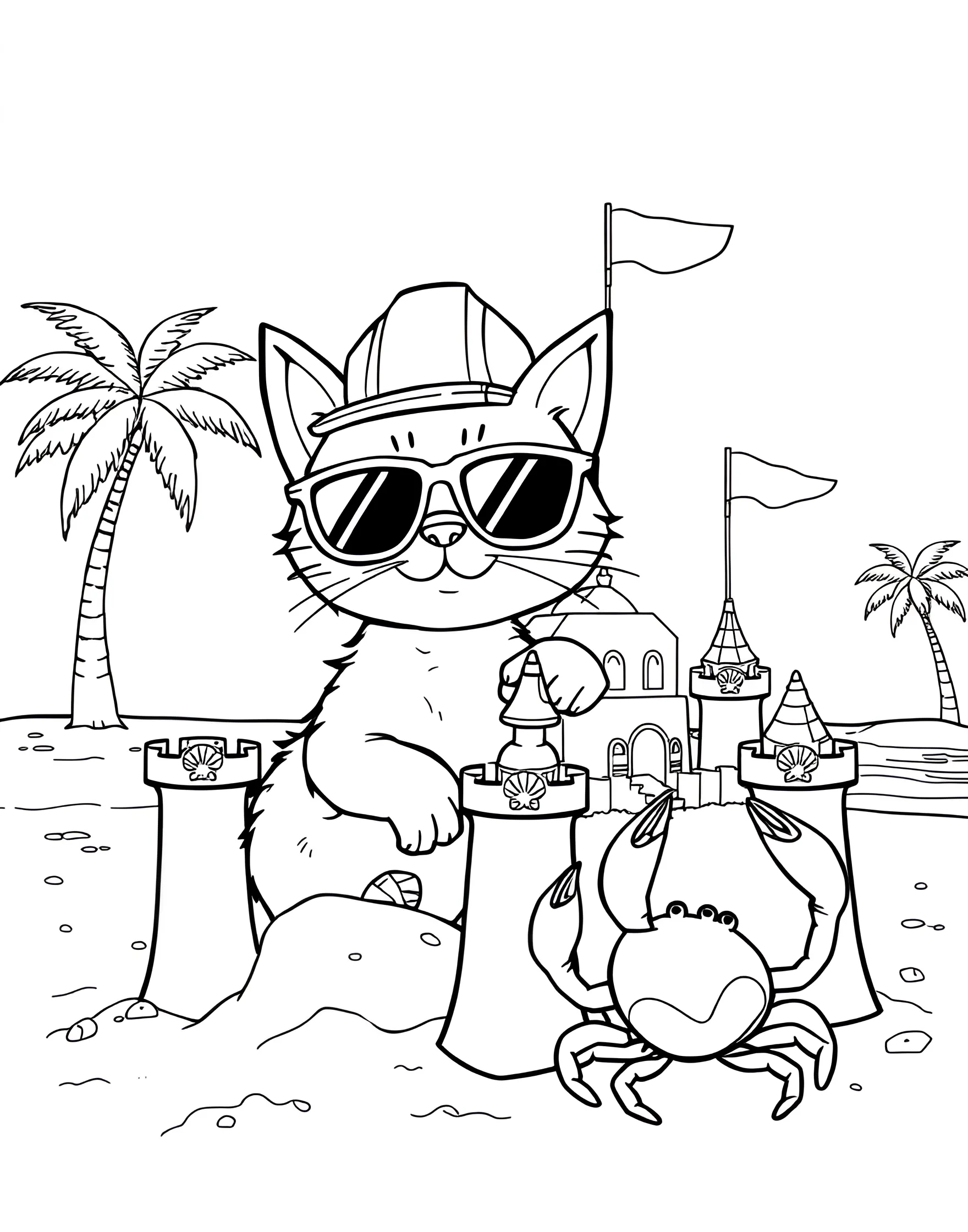 Cat Building a Sandcastle Coloring Page -- prompt: "A cat on a beach, using its paws to build a large sandcastle." -- This beach-themed coloring page depicts a cat constructing a sandcastle. The cat's determined expression and the detailed sandcastle create a fun summer scene. It's perfect for those who love combining cats with seaside activities.