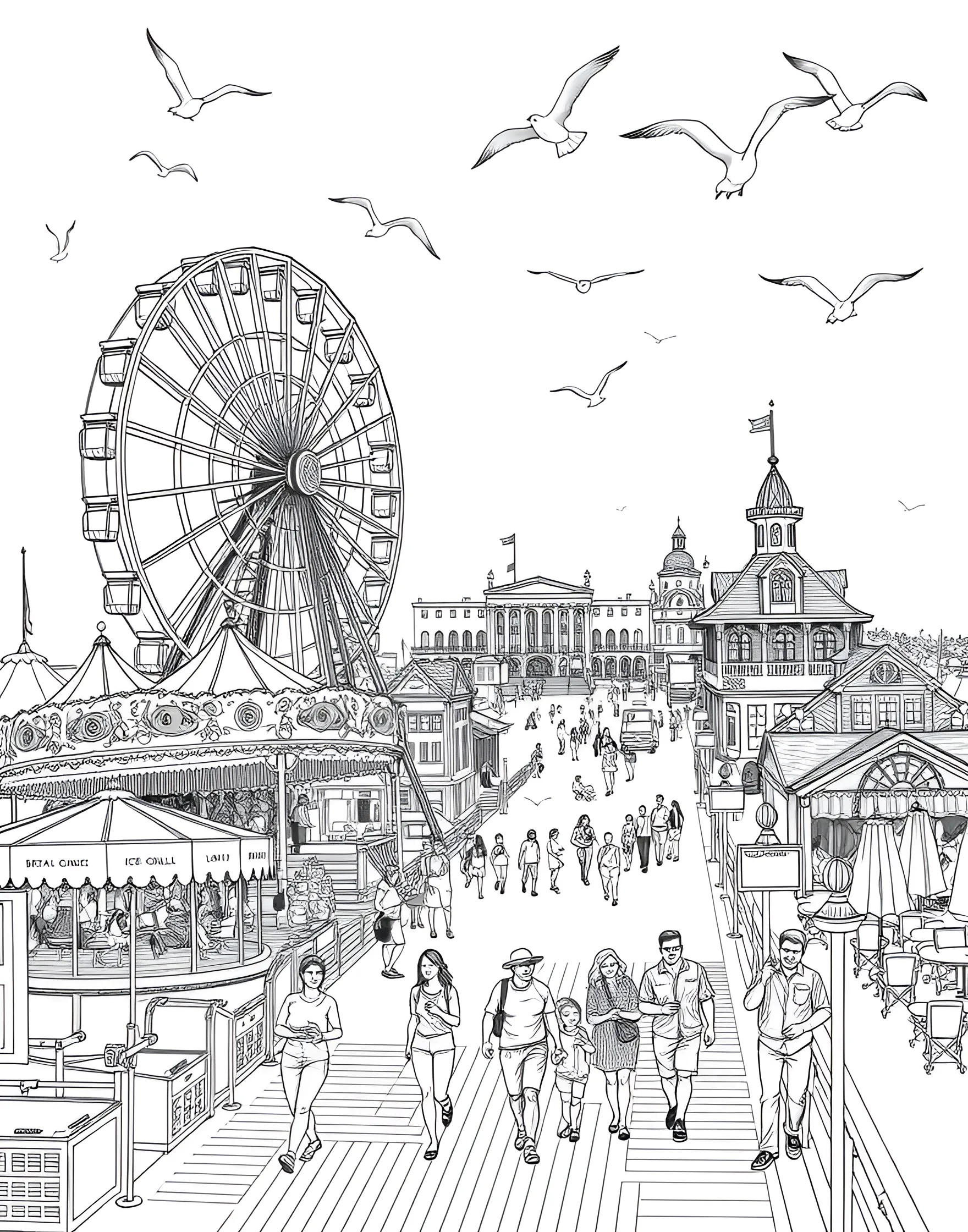 Seaside Boardwalk Adventure Coloring Page -- prompt: "A bustling seaside boardwalk with carnival games, a Ferris wheel, and people enjoying summer treats." -- Take a stroll down memory lane with this nostalgic boardwalk scene. Featuring classic carnival games, a Ferris wheel, and beachgoers enjoying cotton candy, this page captures the essence of summer boardwalk fun. The mix of attractions and ocean views makes for an engaging coloring experience.