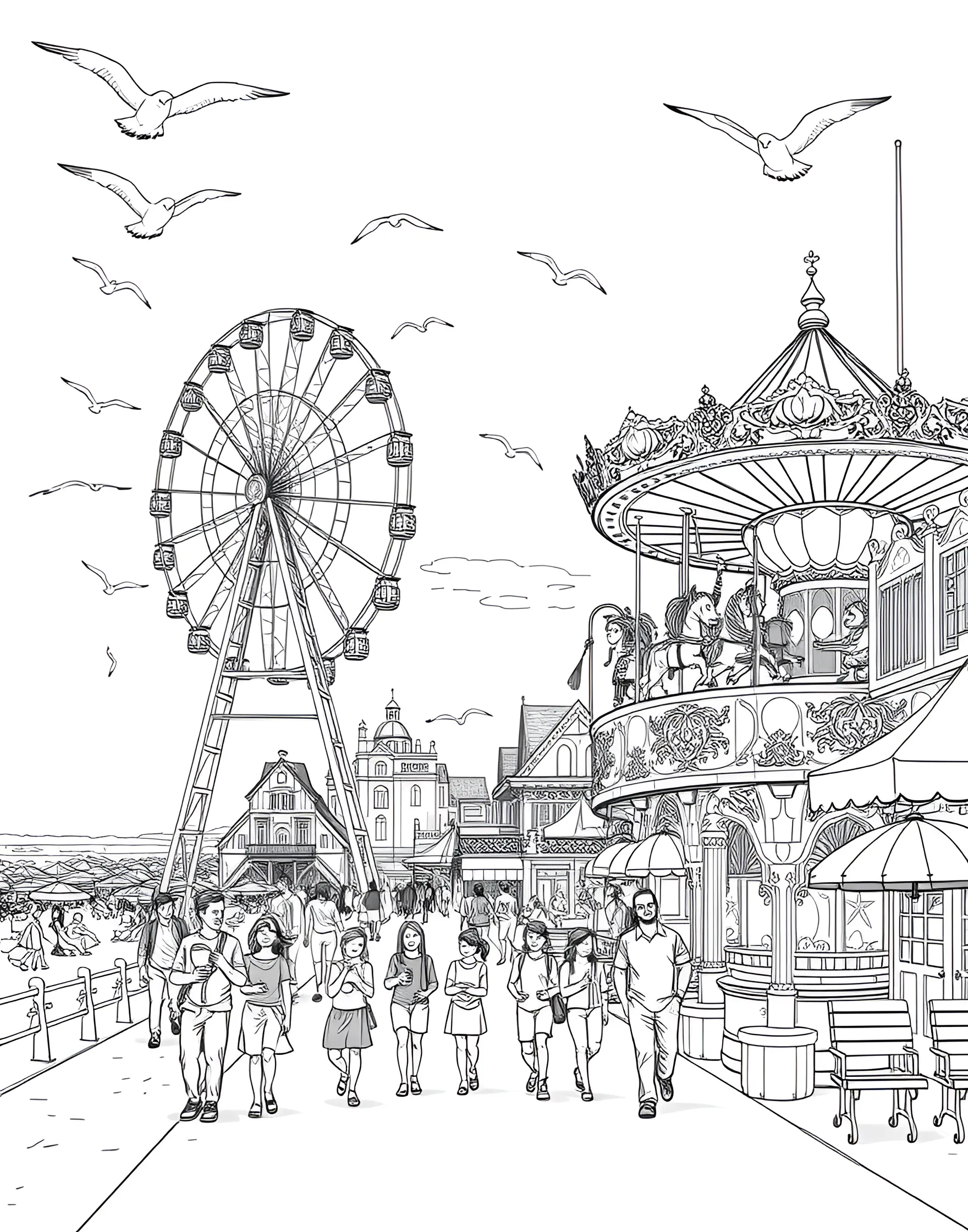 Seaside Boardwalk Adventure Coloring Page -- prompt: "A bustling seaside boardwalk with carnival games, a Ferris wheel, and people enjoying summer treats." -- Take a stroll down memory lane with this nostalgic boardwalk scene. Featuring classic carnival games, a Ferris wheel, and beachgoers enjoying cotton candy, this page captures the essence of summer boardwalk fun. The mix of attractions and ocean views makes for an engaging coloring experience.