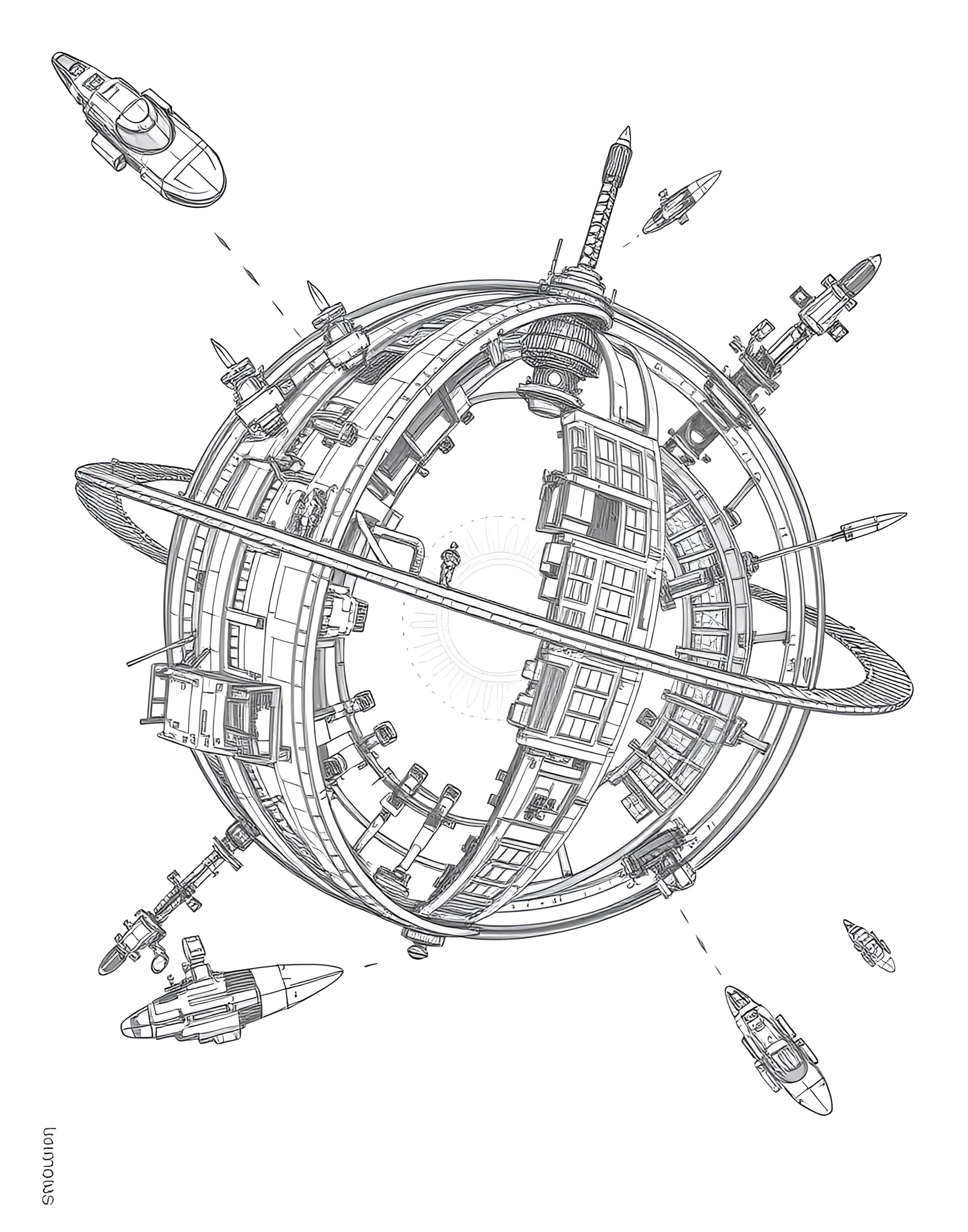 Dyson Sphere Construction Coloring Page -- prompt: "A partially constructed Dyson Sphere surrounding a star, with construction ships and robots working on different sections." -- Witness the pinnacle of advanced civilization with this Dyson Sphere construction coloring page. The massive structure surrounds a star, capturing its energy output. Construction ships and robots are shown working on different sections of the sphere, highlighting the enormous scale of this theoretical megastructure.