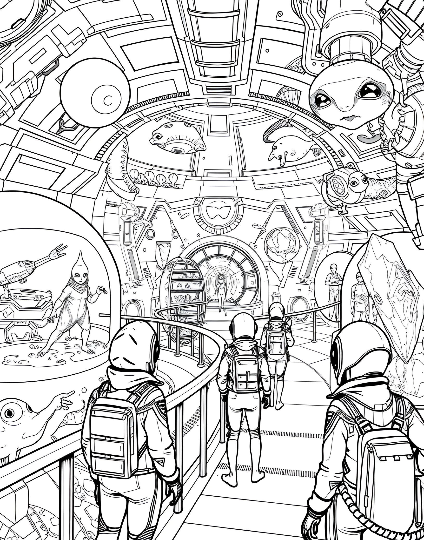 Galactic Zoo Expedition Coloring Page -- prompt: "A galactic zoo with various enclosures housing exotic alien creatures, observed by visitors in protective suits." -- Discover exotic alien life forms with this galactic zoo expedition coloring page. The page features various enclosures housing bizarre and fascinating creatures from across the galaxy. Visitors in protective suits are shown observing and interacting with the alien animals, learning about the diversity of life in the universe.