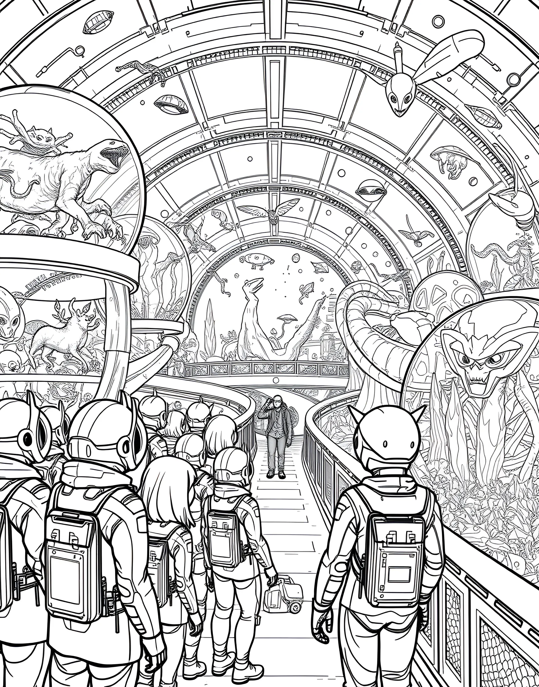 Galactic Zoo Expedition Coloring Page -- prompt: "A galactic zoo with various enclosures housing exotic alien creatures, observed by visitors in protective suits." -- Discover exotic alien life forms with this galactic zoo expedition coloring page. The page features various enclosures housing bizarre and fascinating creatures from across the galaxy. Visitors in protective suits are shown observing and interacting with the alien animals, learning about the diversity of life in the universe.