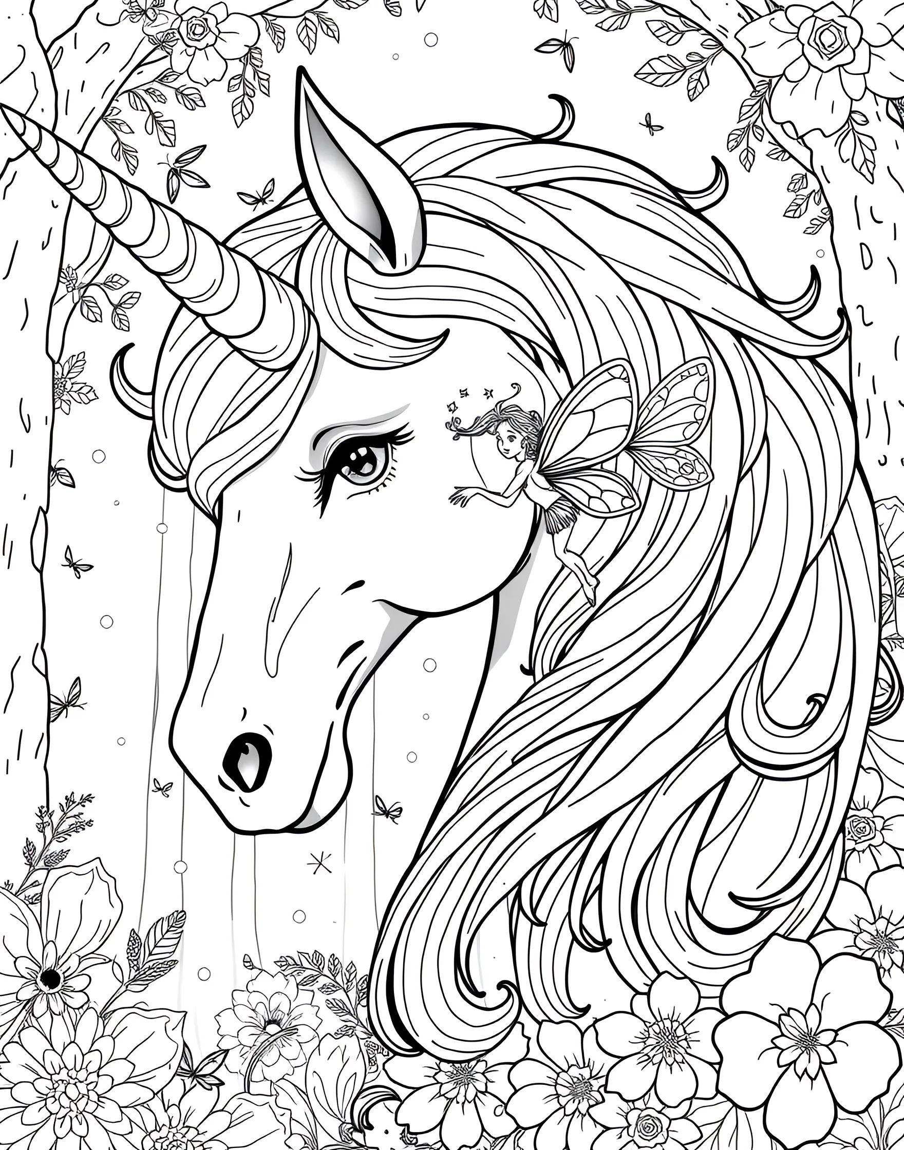 Unicorn and Fairy Coloring Page -- prompt: "A unicorn with a small fairy sitting on its nose, surrounded by twinkling lights." -- Enter a world of miniature magic with this delightful coloring page featuring a unicorn and a tiny fairy. The fairy sits on the unicorn's nose, creating a scene of wonder and friendship between magical creatures. This page is ideal for those who love intricate, fantasy-filled designs.