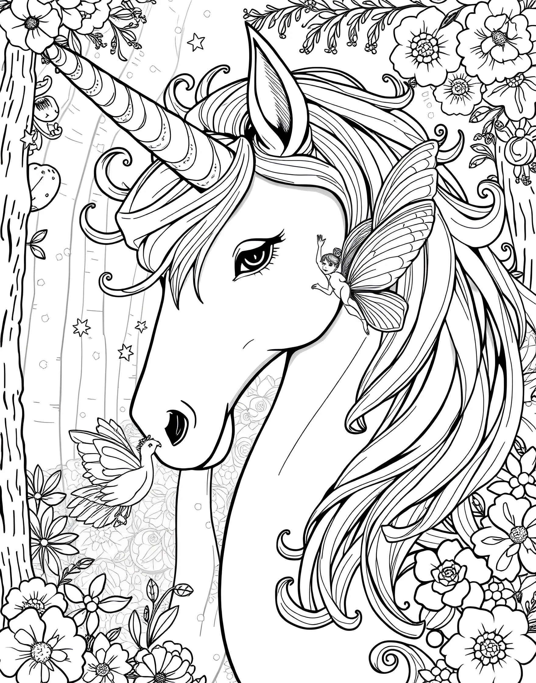 Unicorn and Fairy Coloring Page -- prompt: "A unicorn with a small fairy sitting on its nose, surrounded by twinkling lights." -- Enter a world of miniature magic with this delightful coloring page featuring a unicorn and a tiny fairy. The fairy sits on the unicorn's nose, creating a scene of wonder and friendship between magical creatures. This page is ideal for those who love intricate, fantasy-filled designs.