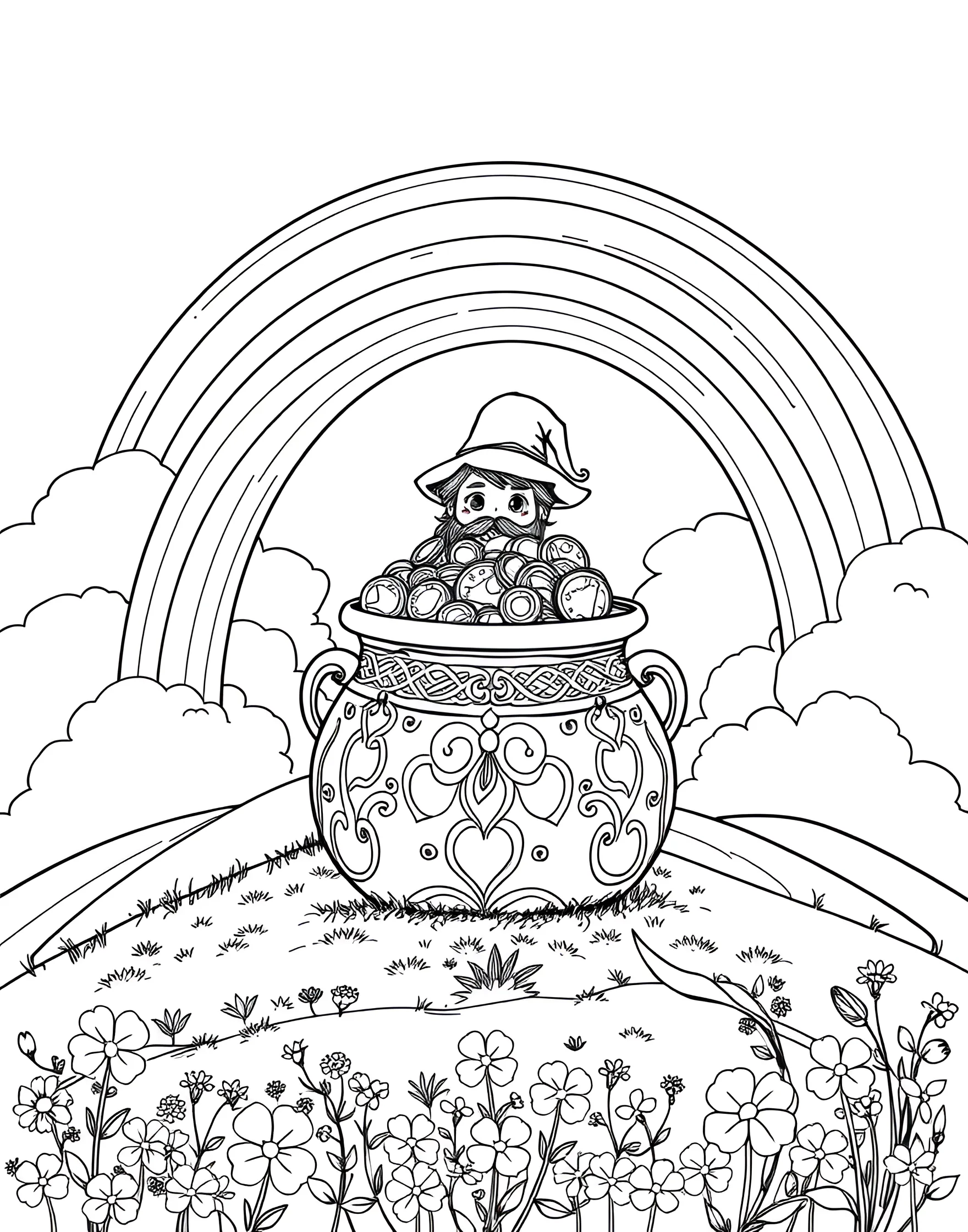 End of the Rainbow Treasure Coloring Page -- prompt: "A rainbow ending at a pot of gold overflowing with coins on a grassy hilltop." -- Discover the legendary pot of gold at the end of the rainbow with this exciting coloring page. A vibrant rainbow arches down to a grassy hilltop where a overflowing pot of golden coins awaits. This page combines fantasy and fun, allowing colorists to bring this mythical scene to life.