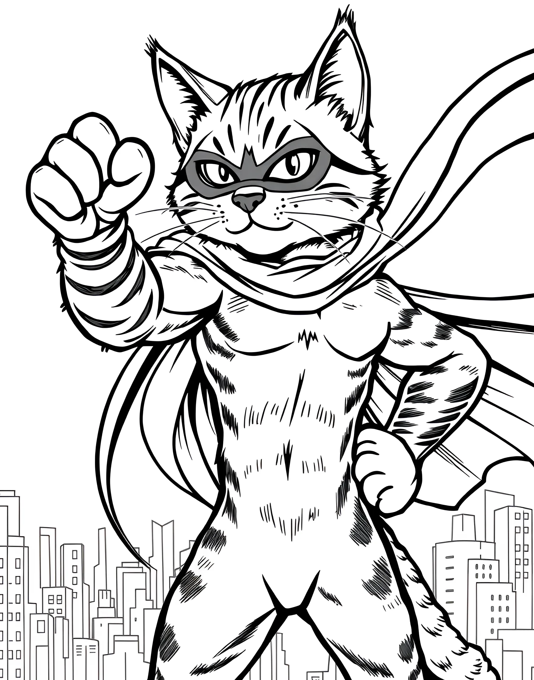 Cat Dressed as a Superhero Coloring Page -- prompt: "A cat standing proudly, wearing a superhero cape and mask." -- This imaginative coloring page features a cat wearing a superhero cape and mask. The cat's confident pose and billowing cape capture a sense of feline bravery and adventure. It's perfect for kids who love both cats and superheroes.