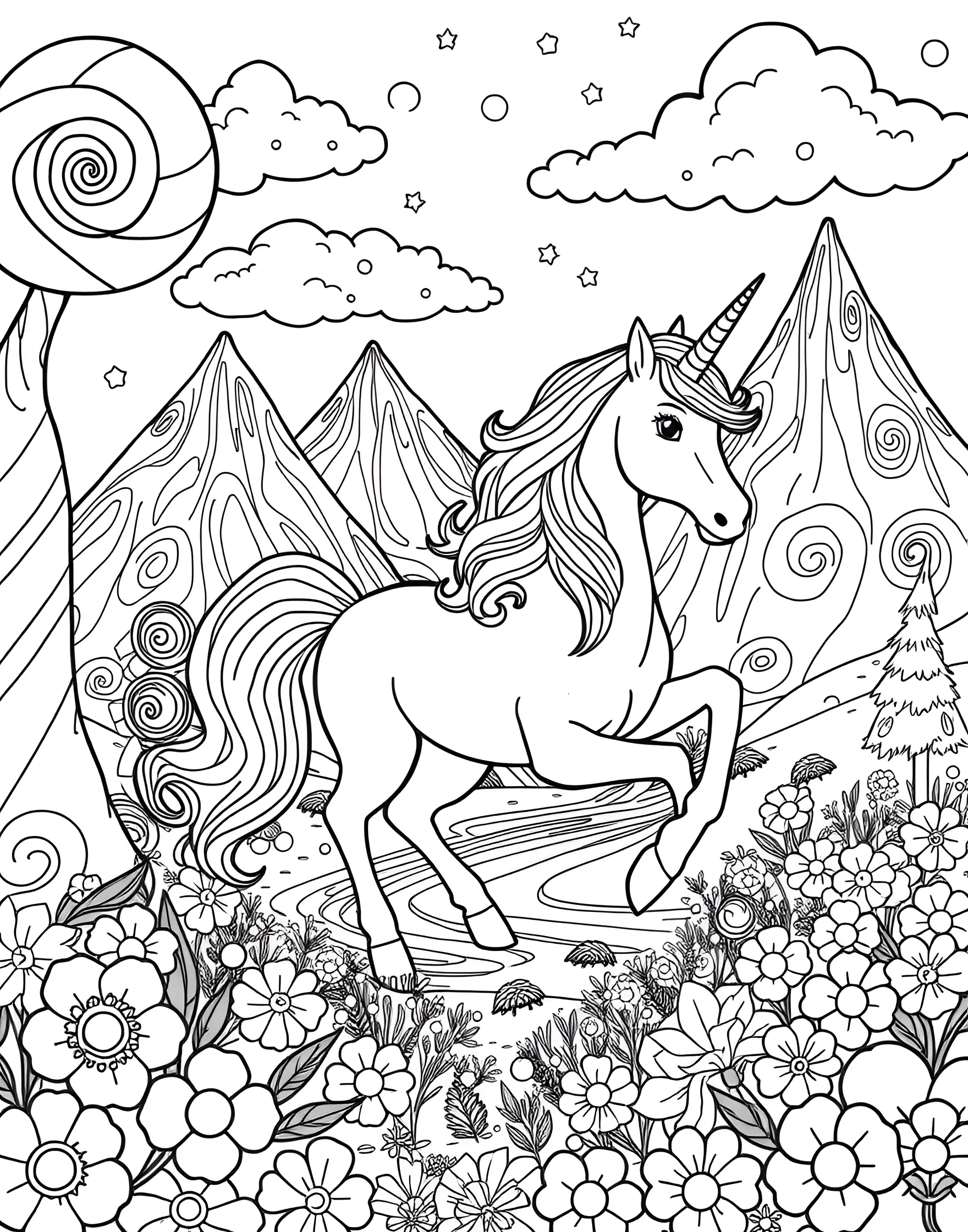 Unicorn in a Candy Land Coloring Page -- prompt: "A unicorn in a landscape made of candy, with lollipop trees and gumdrop mountains." -- Indulge your sweet tooth with this delightful unicorn in candy land coloring sheet. The unicorn is surrounded by oversized lollipops, gumdrops, and other sweet treats. This page is perfect for those who love to use bright, candy-colored hues in their coloring.