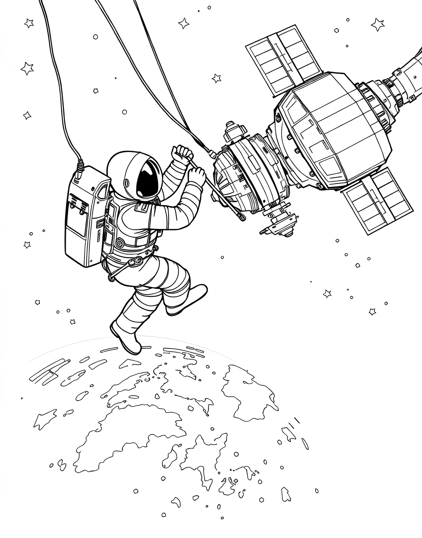 Spacewalk Adventure Coloring Page -- prompt: "An astronaut on a spacewalk, working on a satellite with Earth and stars visible in the background." -- Experience the thrill of a spacewalk with this exciting coloring page. An astronaut is shown floating outside their spacecraft, tethered safely as they perform maintenance on a satellite. The vast expanse of space and Earth below provide a stunning backdrop for this daring space endeavor.