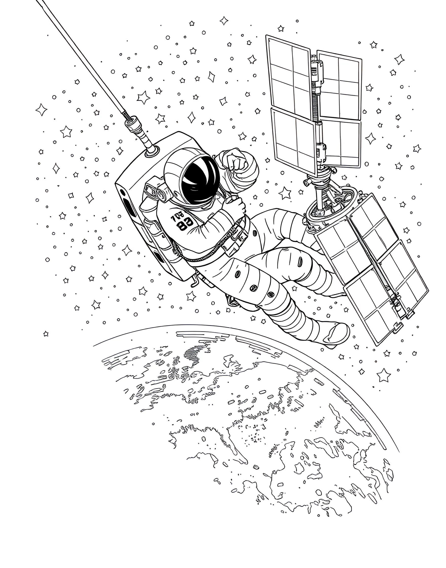 Spacewalk Adventure Coloring Page -- prompt: "An astronaut on a spacewalk, working on a satellite with Earth and stars visible in the background." -- Experience the thrill of a spacewalk with this exciting coloring page. An astronaut is shown floating outside their spacecraft, tethered safely as they perform maintenance on a satellite. The vast expanse of space and Earth below provide a stunning backdrop for this daring space endeavor.