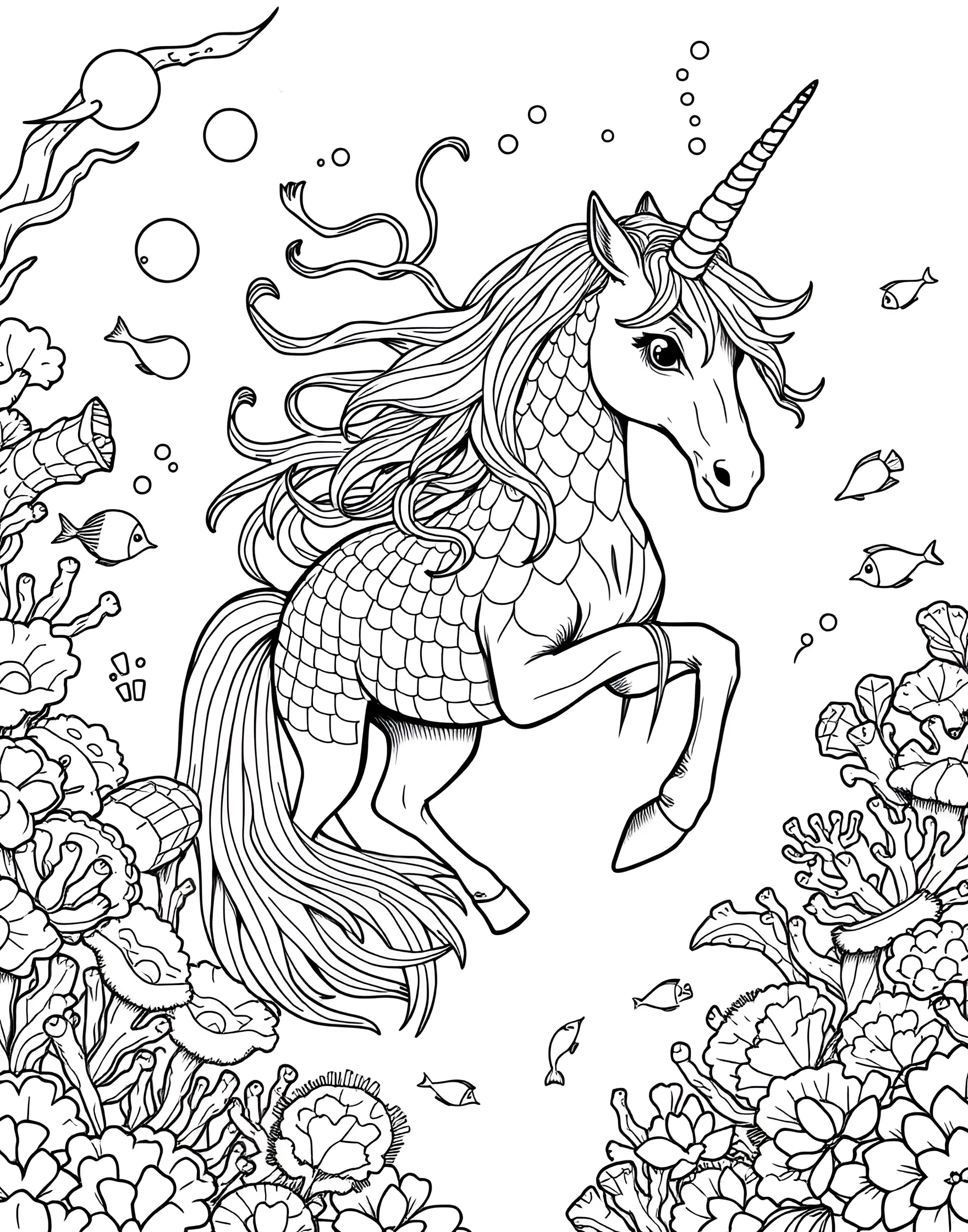 Underwater Unicorn Coloring Page -- prompt: "An underwater unicorn with fins and seaweed mane, swimming among fish and coral." -- Dive into an aquatic adventure with this underwater unicorn coloring page. The unicorn is reimagined as a sea creature, with fins and a flowing seaweed mane. Surrounded by fish and coral, this page offers a unique twist on the traditional unicorn theme.