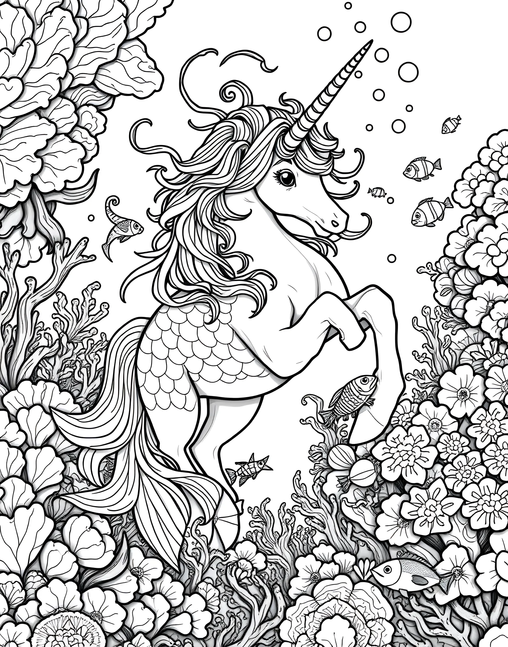 Underwater Unicorn Coloring Page -- prompt: "An underwater unicorn with fins and seaweed mane, swimming among fish and coral." -- Dive into an aquatic adventure with this underwater unicorn coloring page. The unicorn is reimagined as a sea creature, with fins and a flowing seaweed mane. Surrounded by fish and coral, this page offers a unique twist on the traditional unicorn theme.